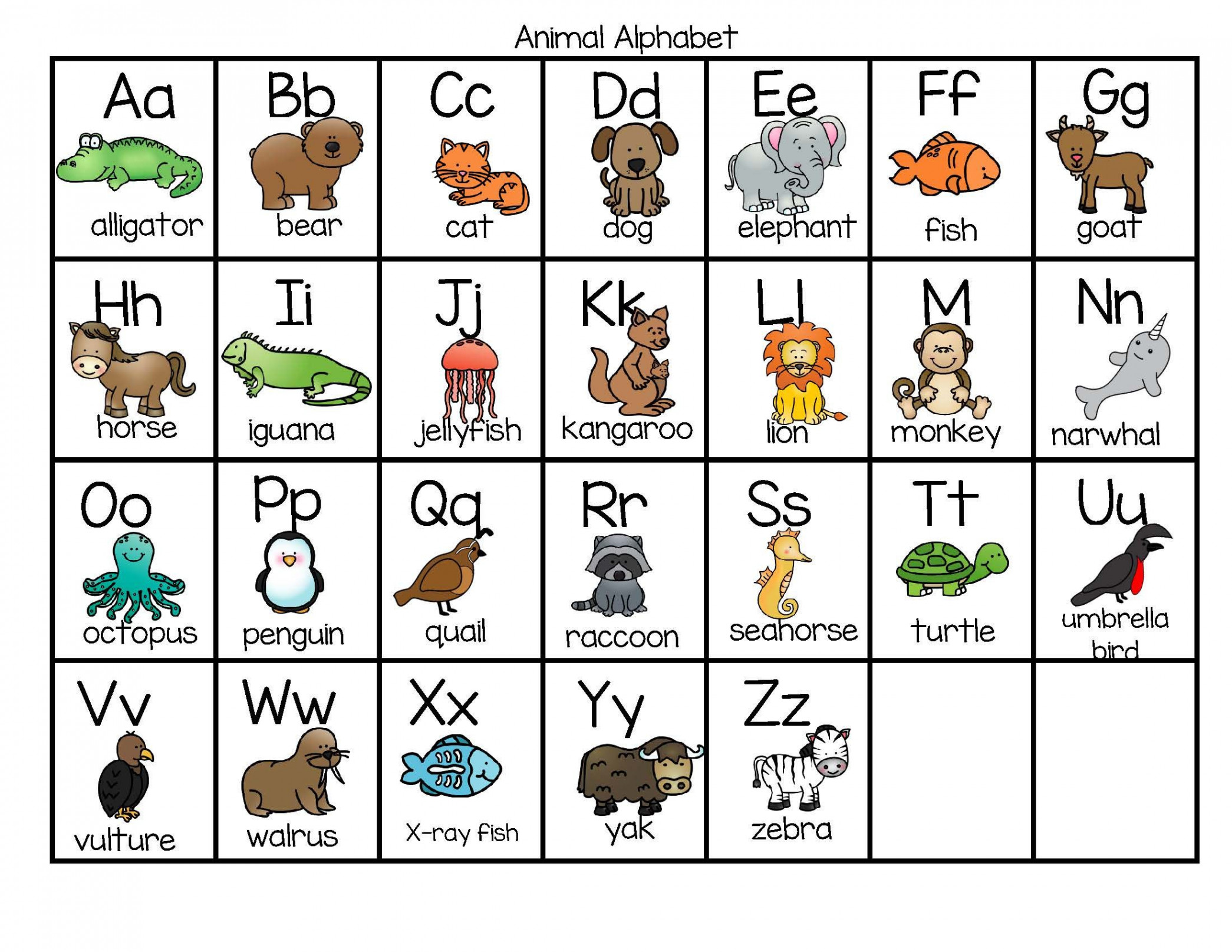 Animal Alphabet Charts in Color and BW FREE  Alphabet preschool