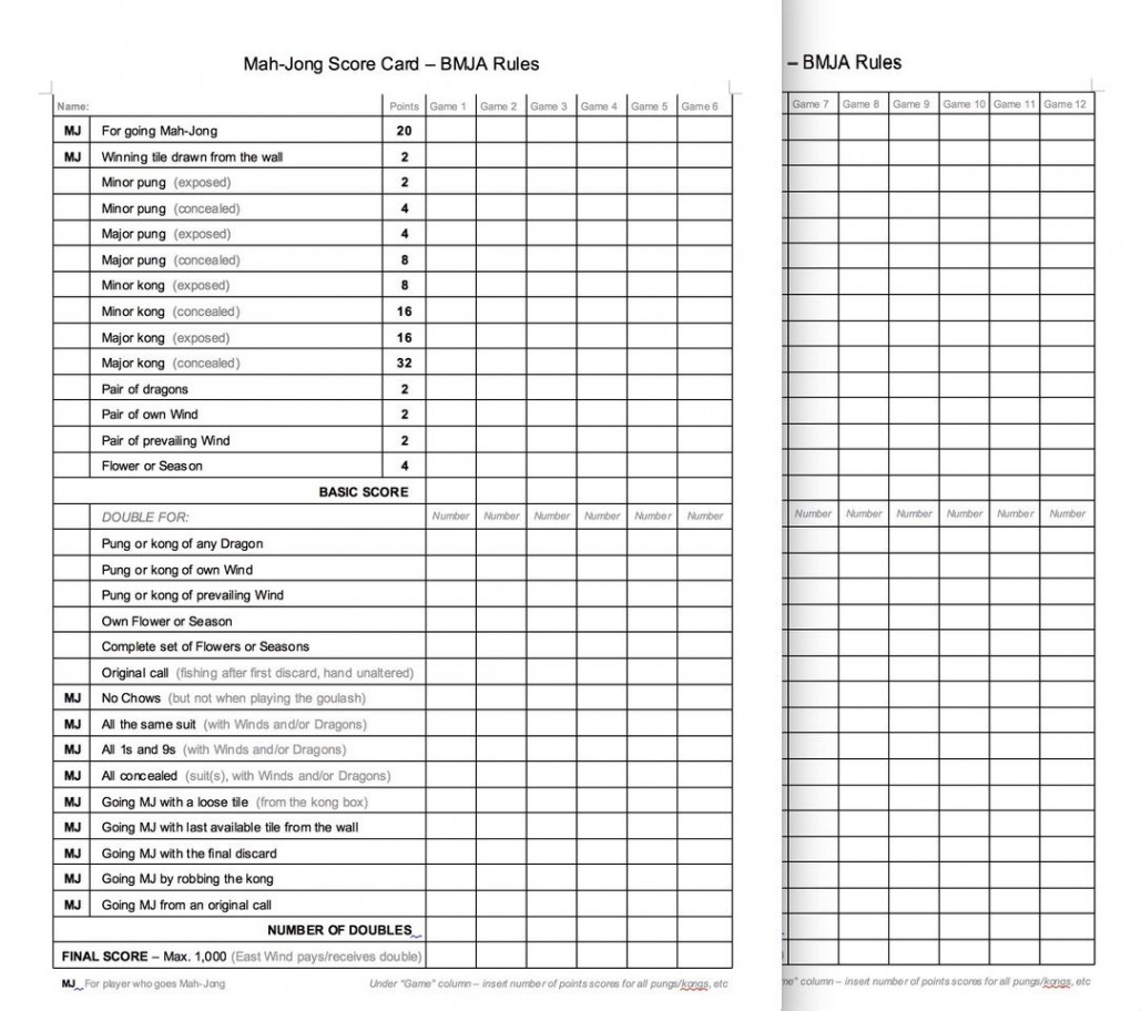 Beginners scorecard - picture  Mahjong, Printable cards