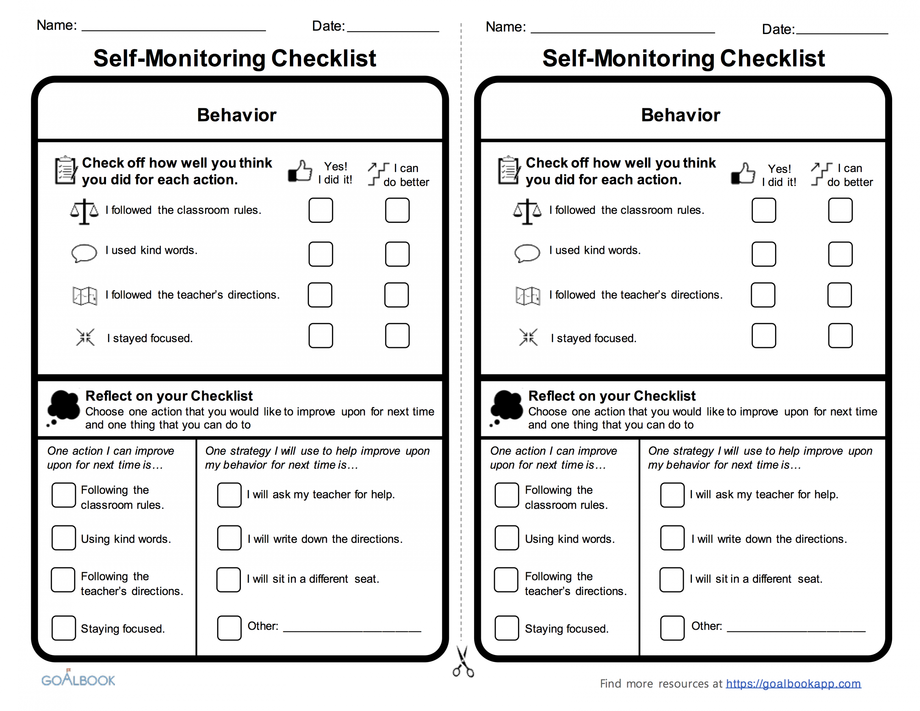 Behavior Self-Monitoring Checklist  Self monitoring, Behavior