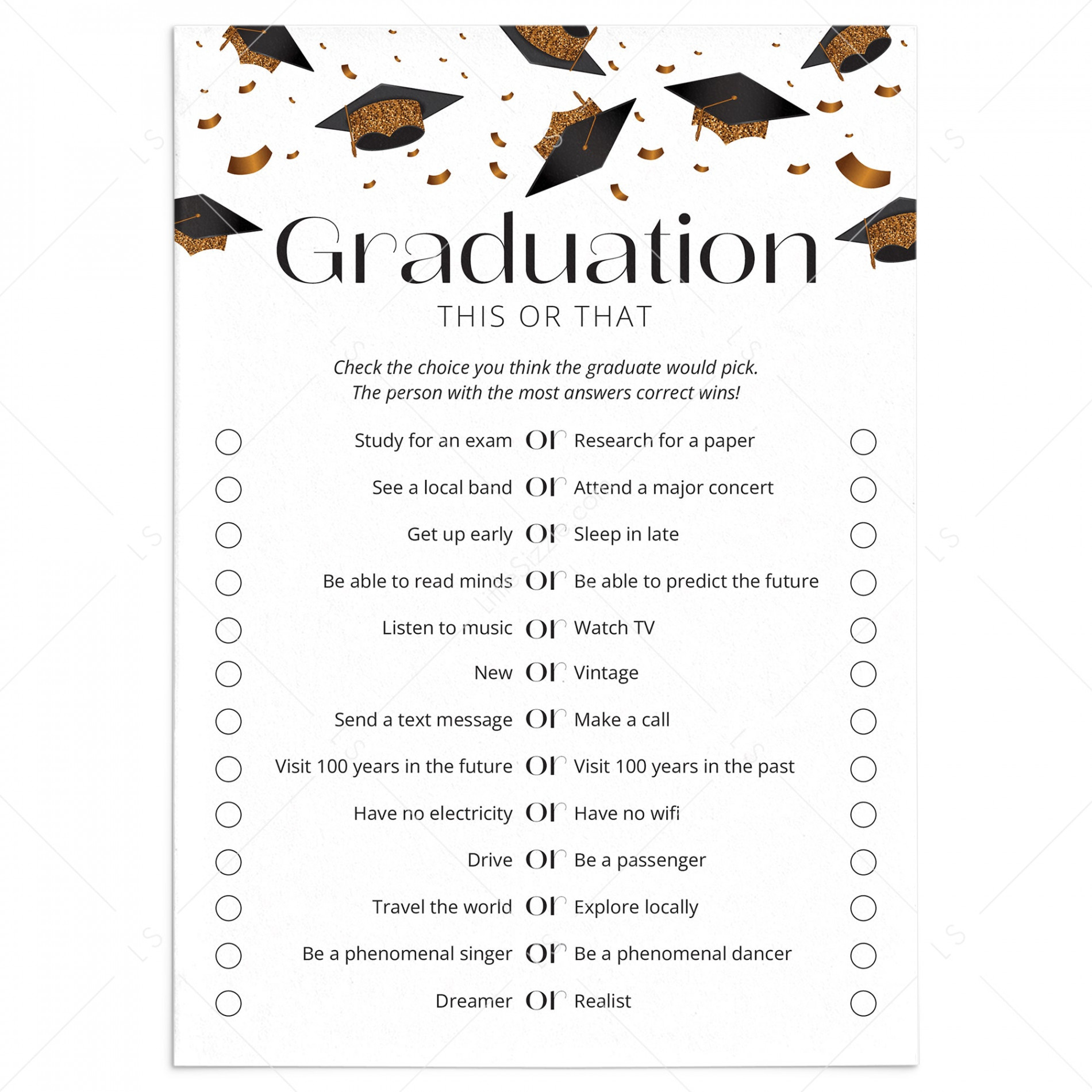 Black and Gold Graduation Party Game Printable  Would The