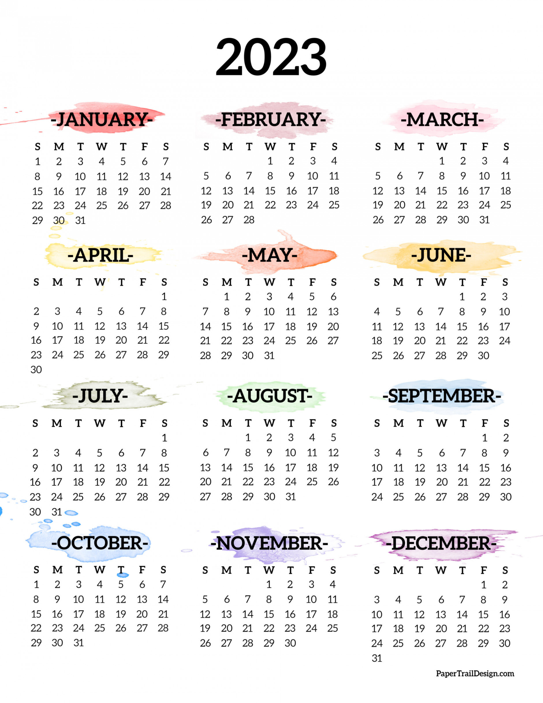 Calendar  Printable One Page - Paper Trail Design