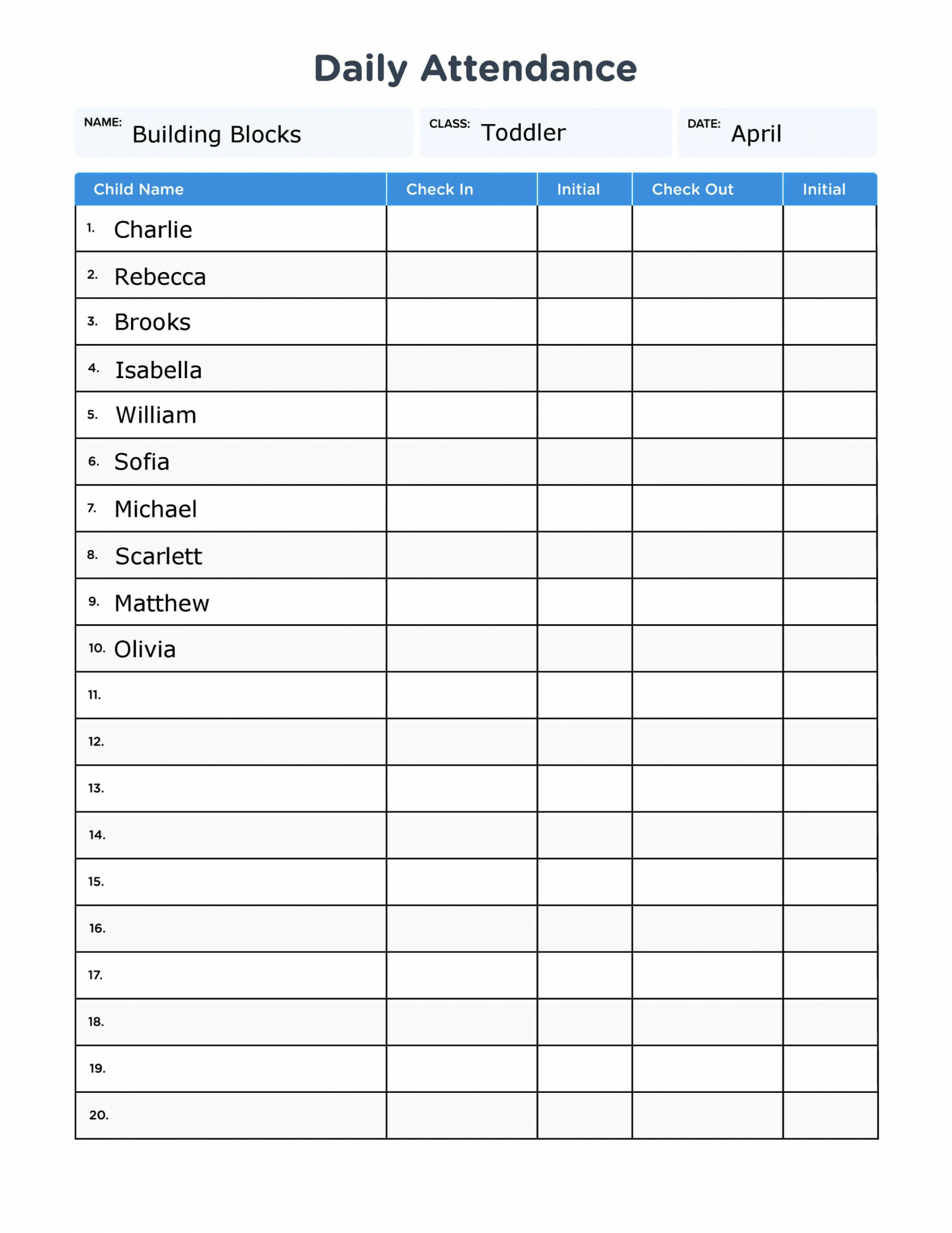 Childcare Daily Attendance Sheet With Fillable Form Fields HD PNG