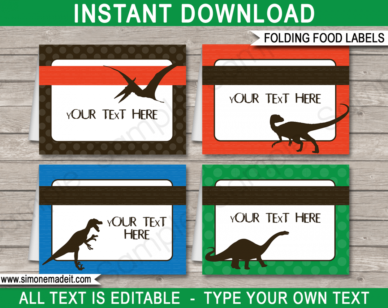 Dinosaur Party Food Labels template - green, blue & orange