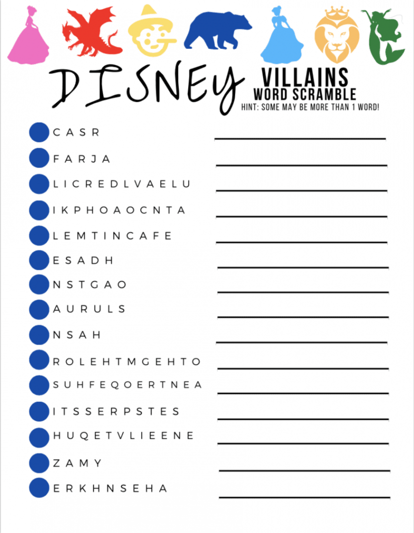 Disney Character Word Scramble Activity Pages - Free Printable