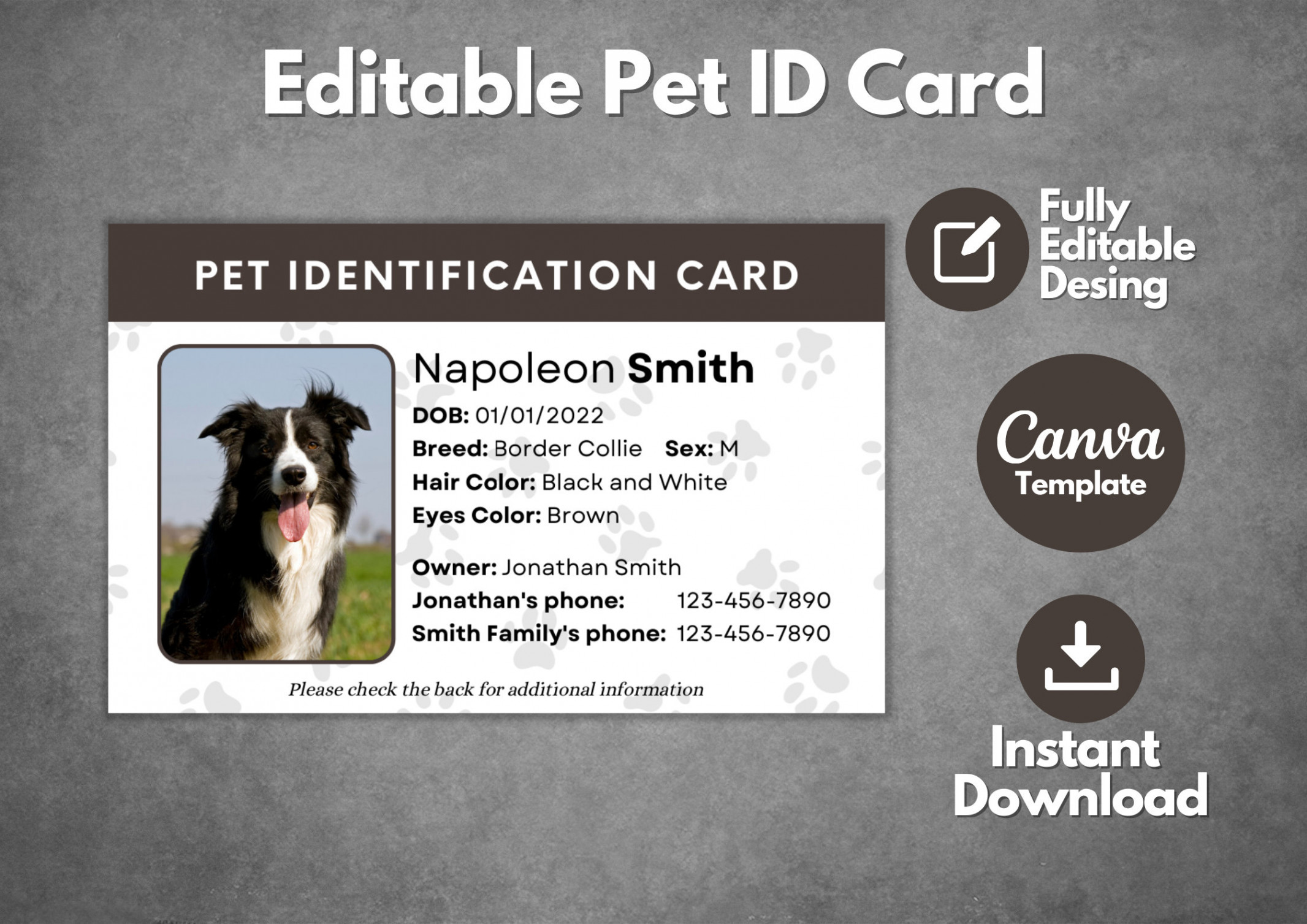 Editable Pet ID Card Template Custom Dog ID Card Template - Etsy UK