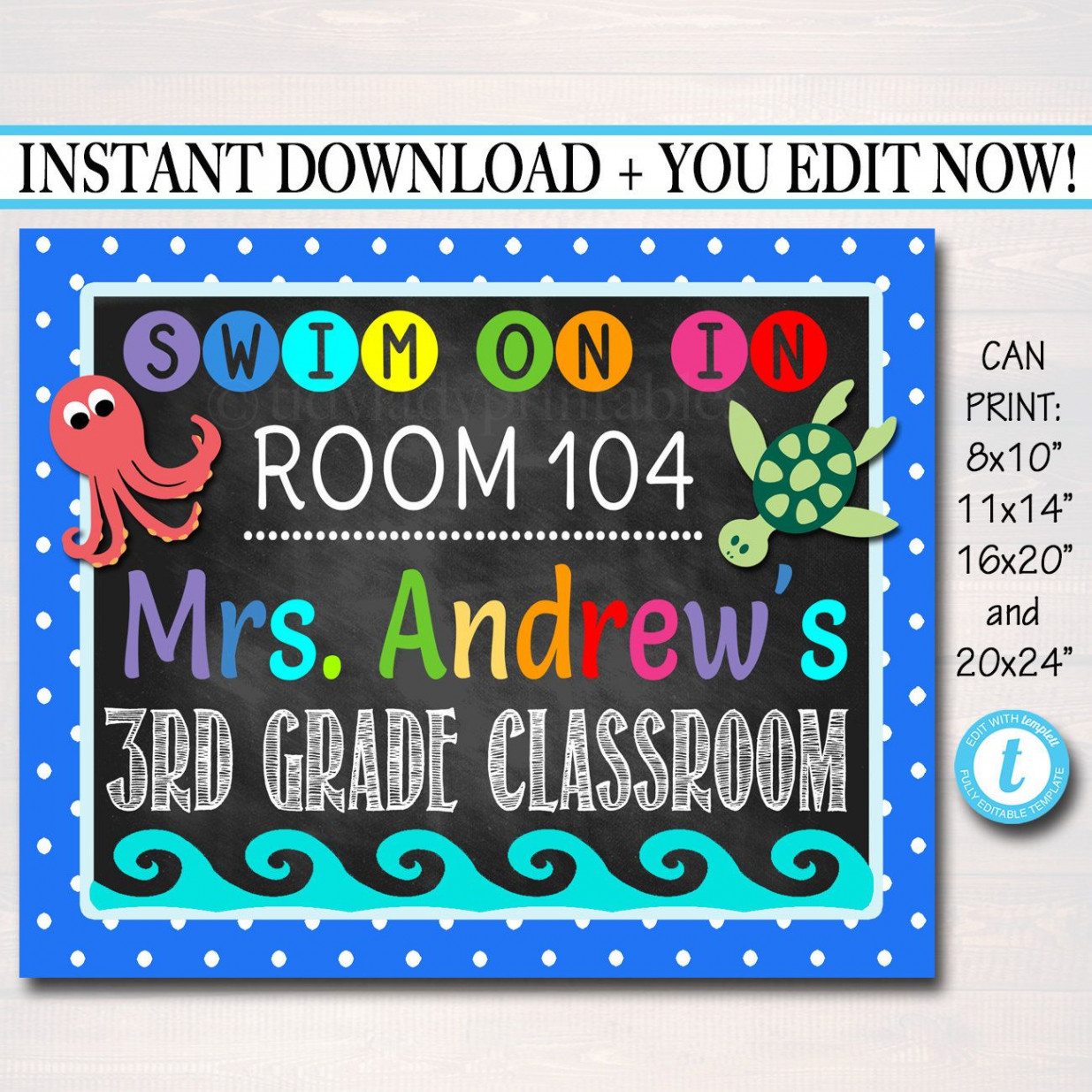 EDITABLE Printable Teacher Classroom Door Sign Under the Sea