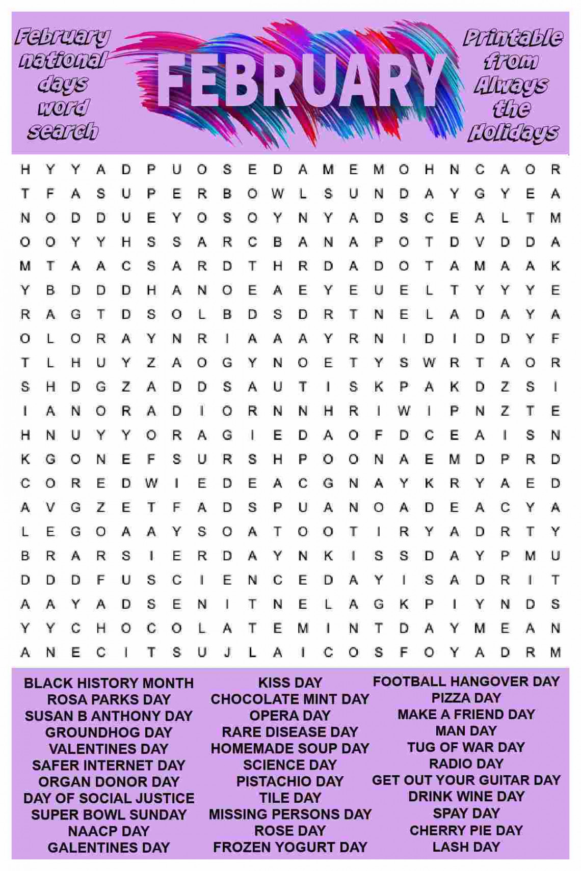 February Word Search Printable - National Days Word Find Puzzle