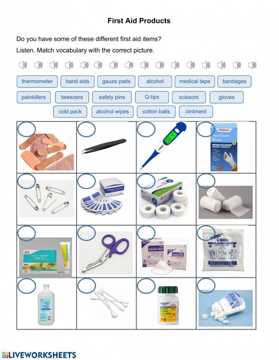 First Aid Items worksheet  Worksheets, Educational worksheets