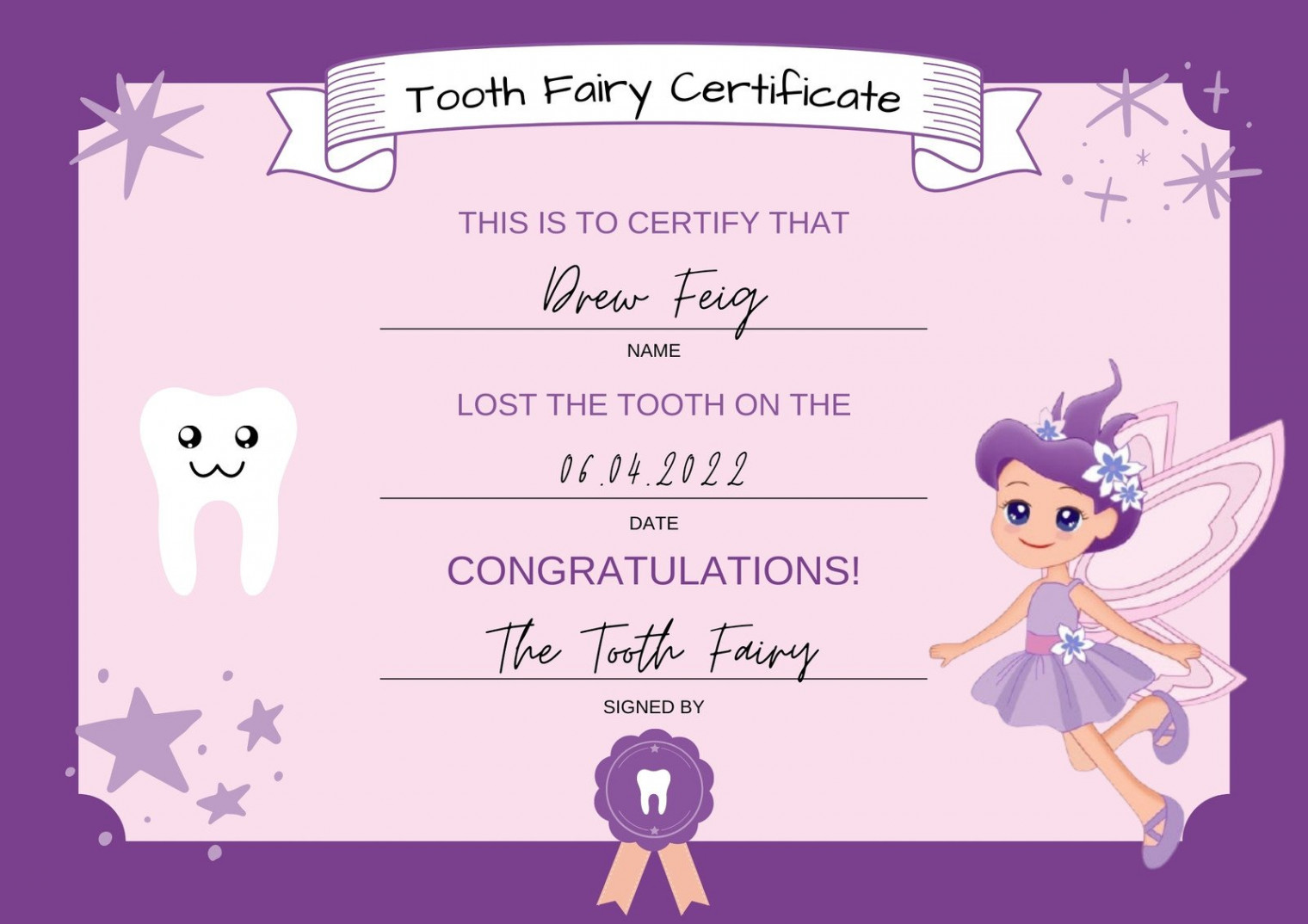 Free customizable tooth fairy certificate templates  Canva