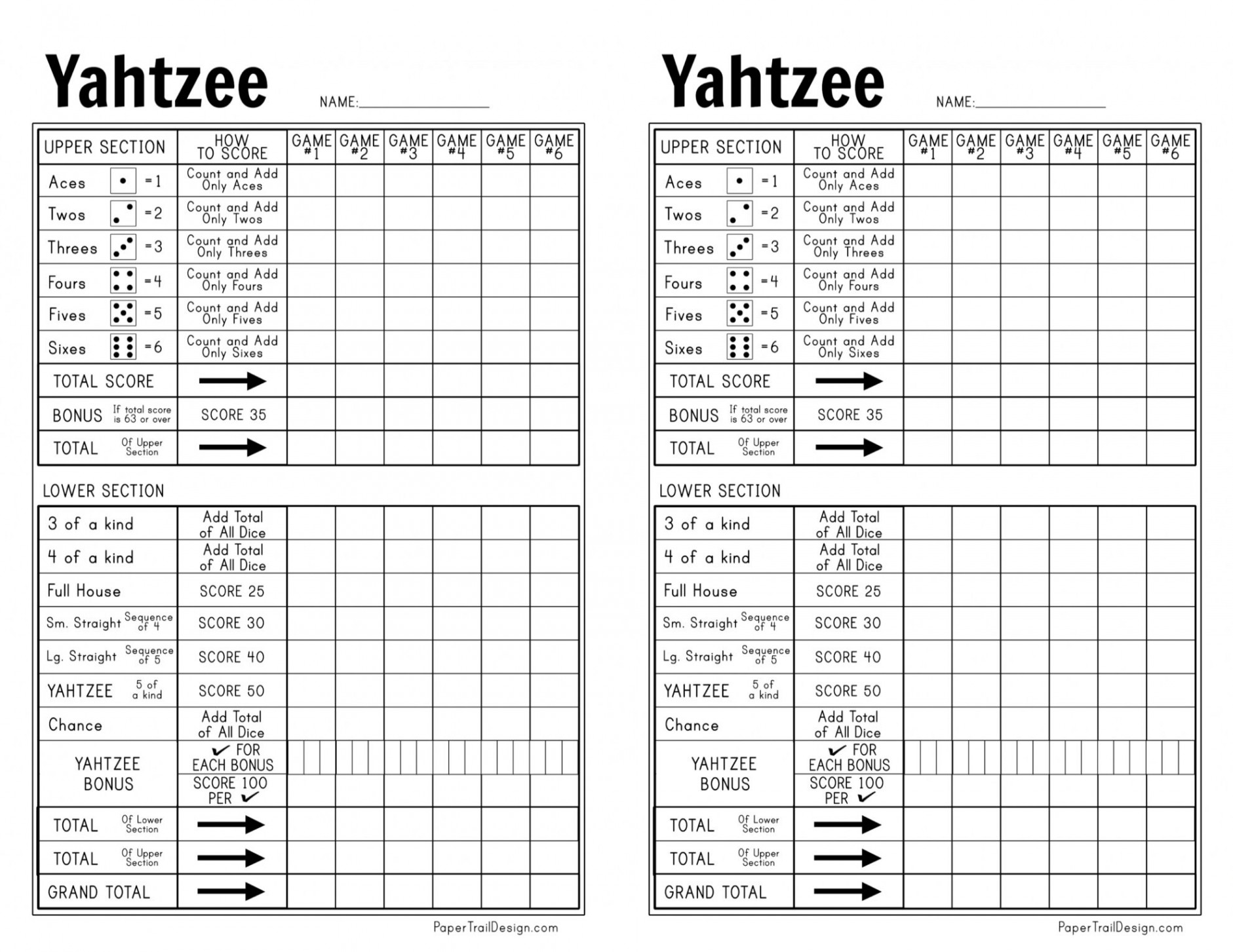 Free Printable Yahtzee Score Card - Paper Trail Design