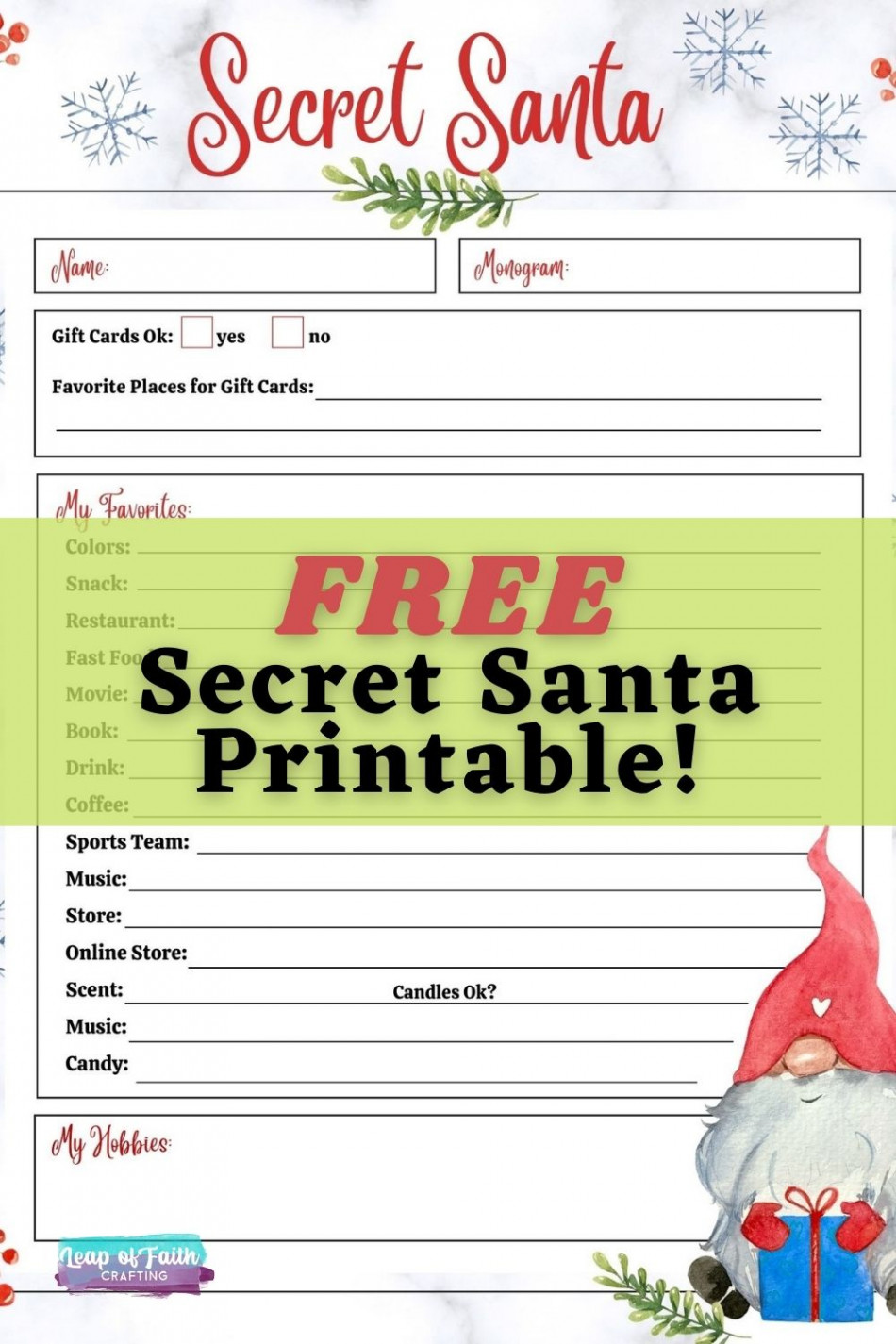 FREE Secret Santa List Printable Questionnaire:  Options! - Leap