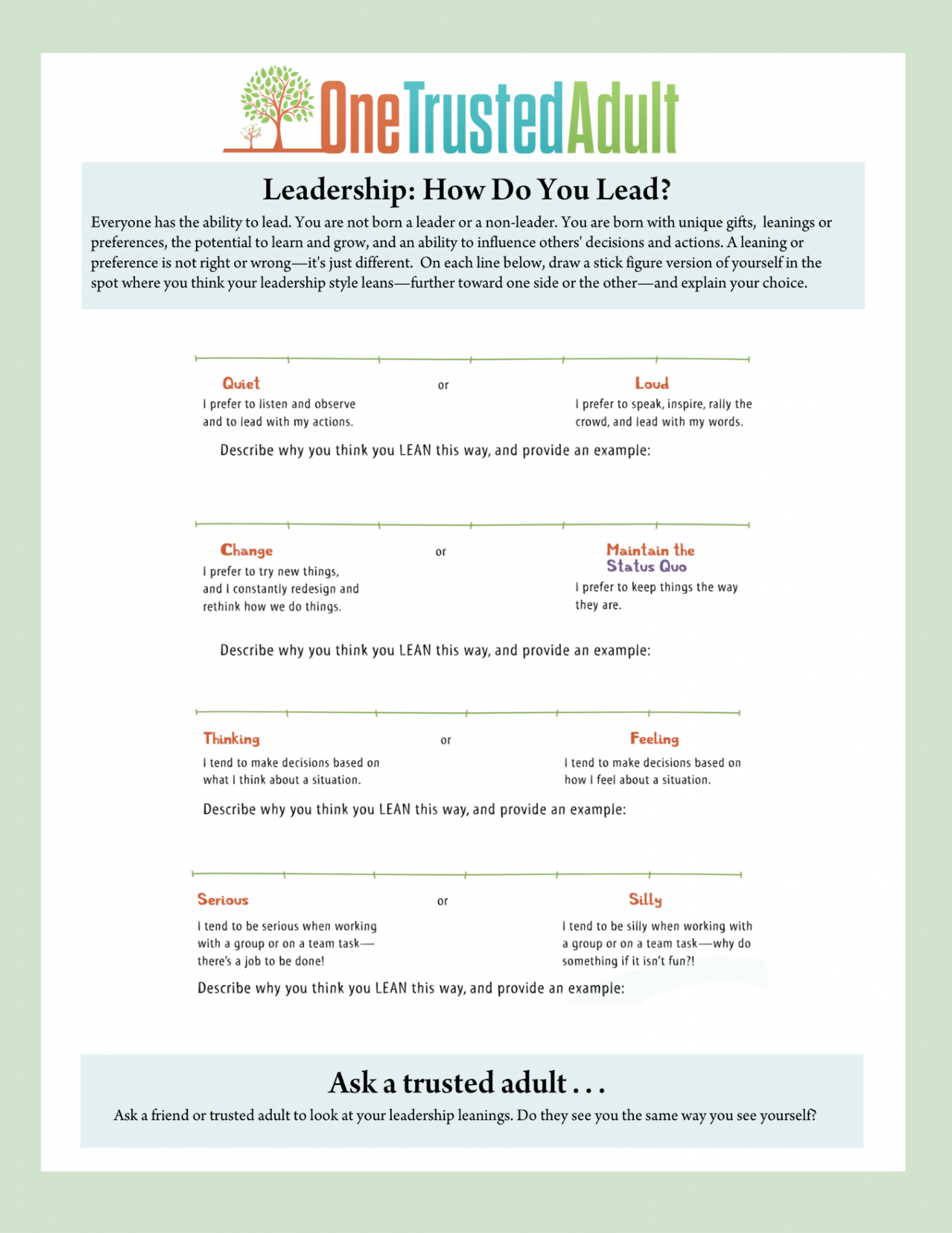 Free Worksheets on Leadership - One Trusted Adult