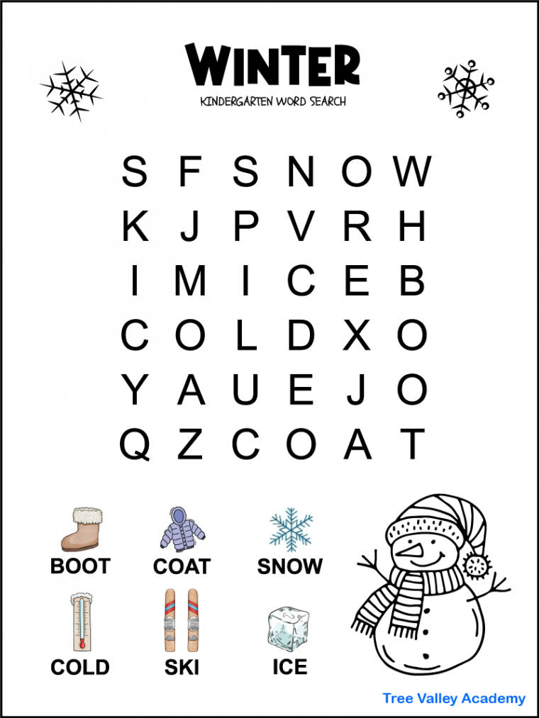 Kindergarten Winter Word Search - Tree Valley Academy