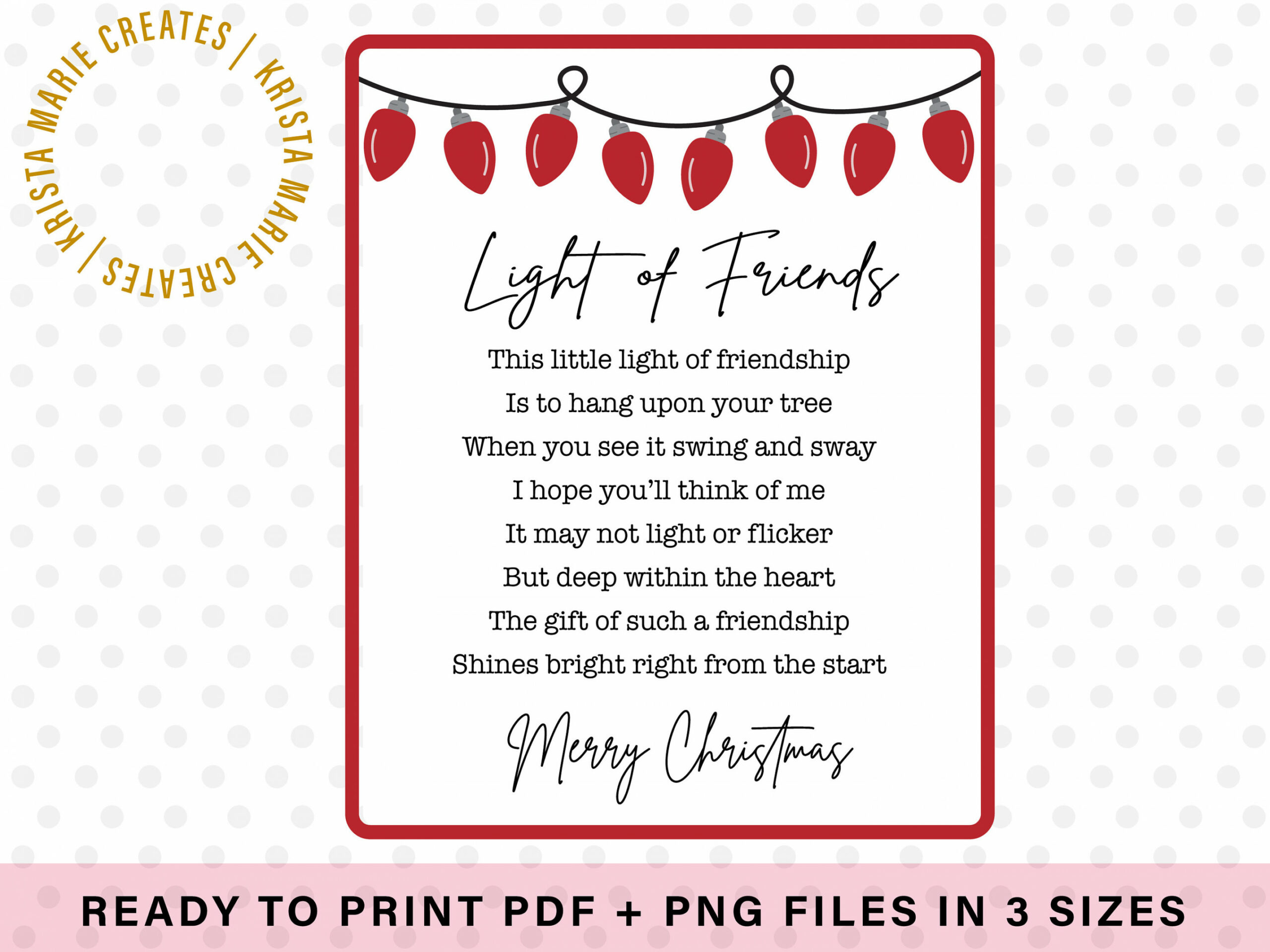 Light of Friends Printable Card Poem for Friendship Ornaments