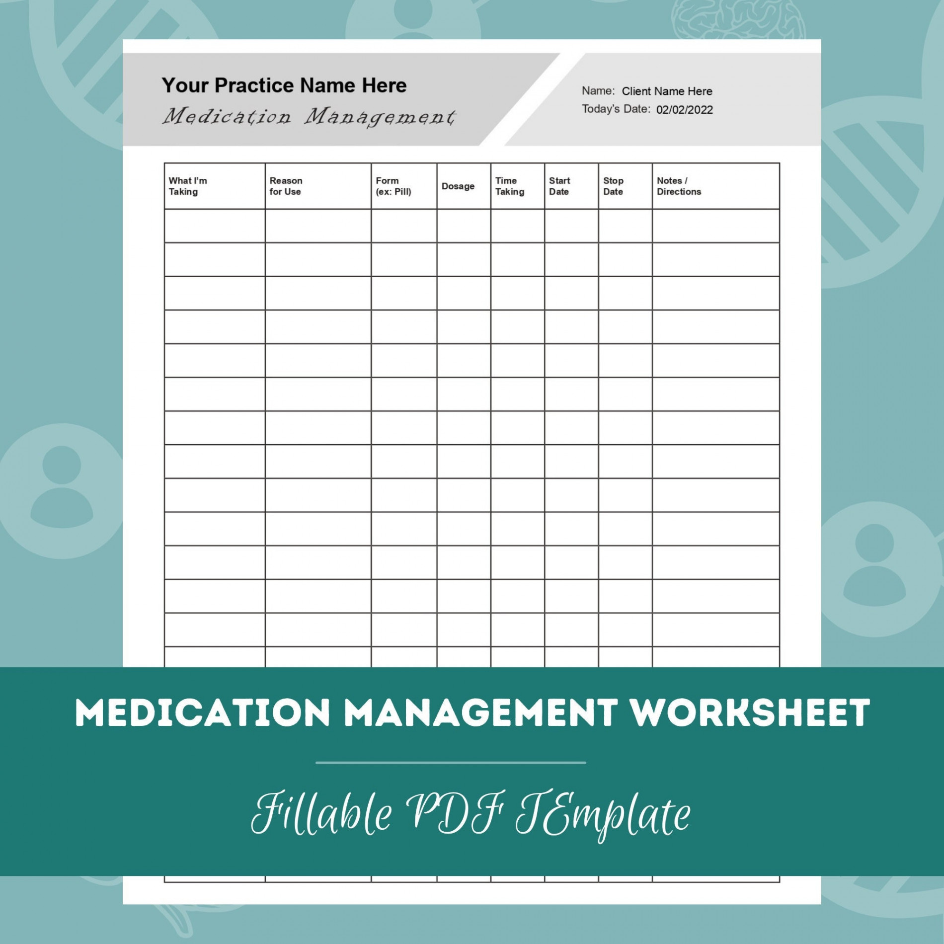 Medication Management Worksheet Editable / Fillable PDF Template