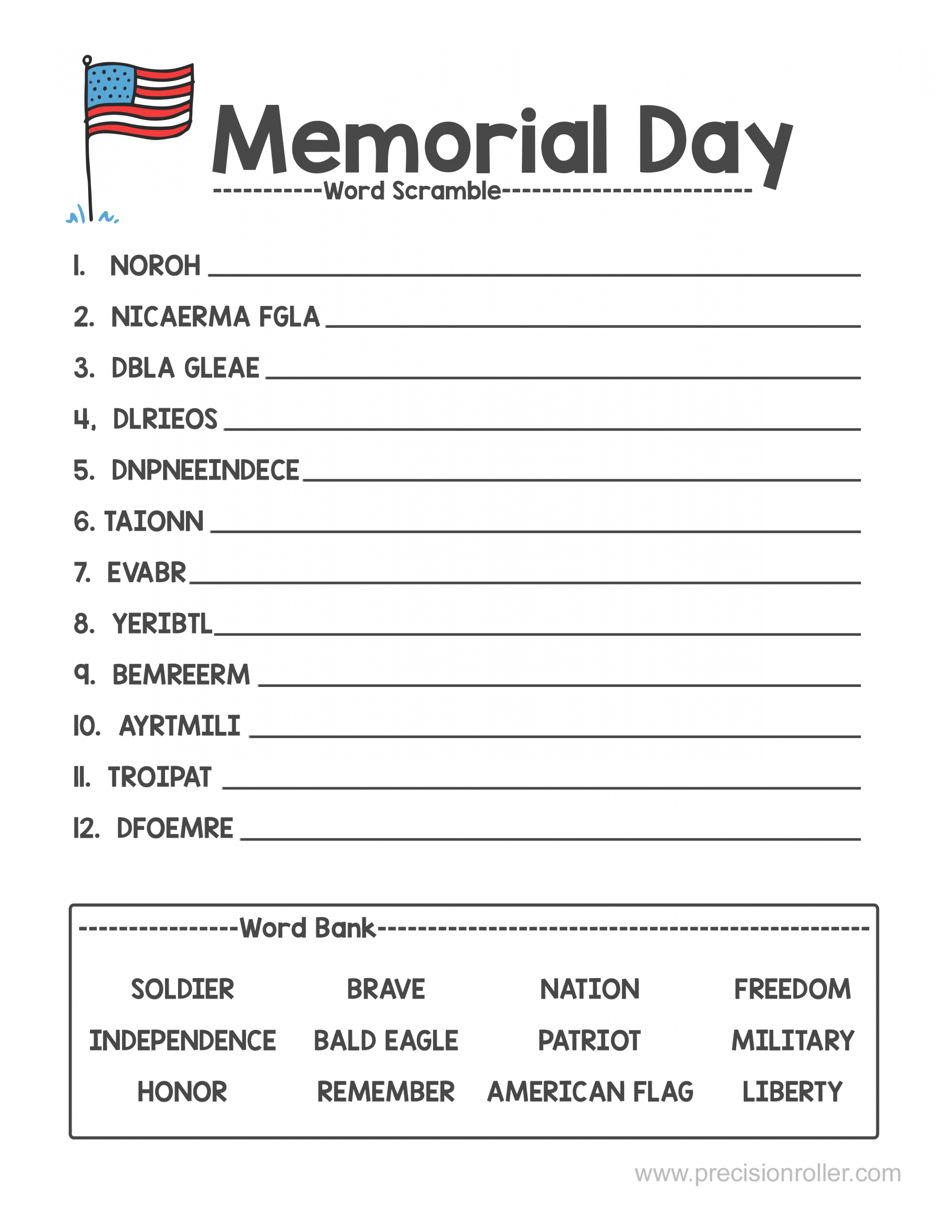 Memorial Day-Themed Word Scramble - Precision Printables