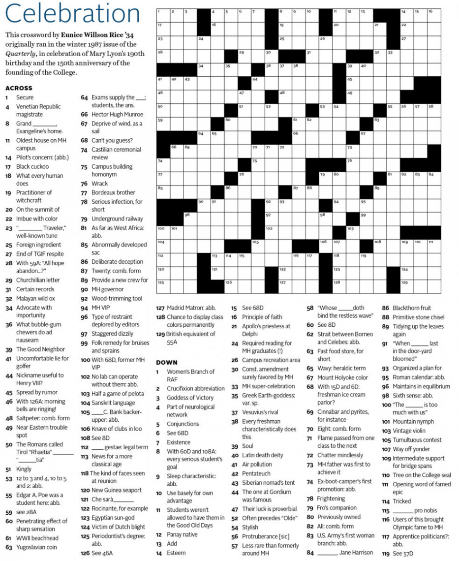 MHC Crossword Puzzle: A Challenge for All Mount Holyoke Wonks