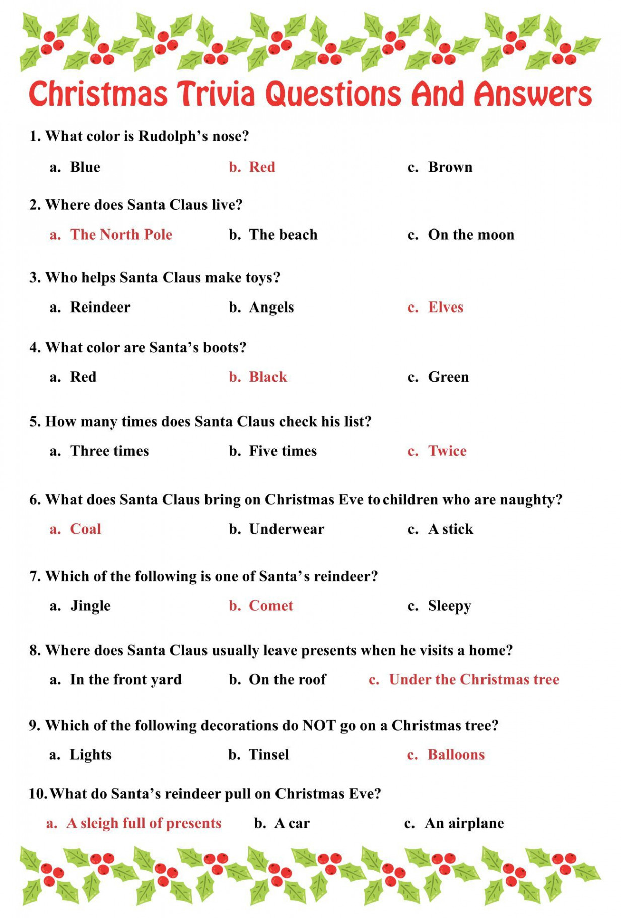 Multiple Choice Easy Christmas Trivia Questions And Answers