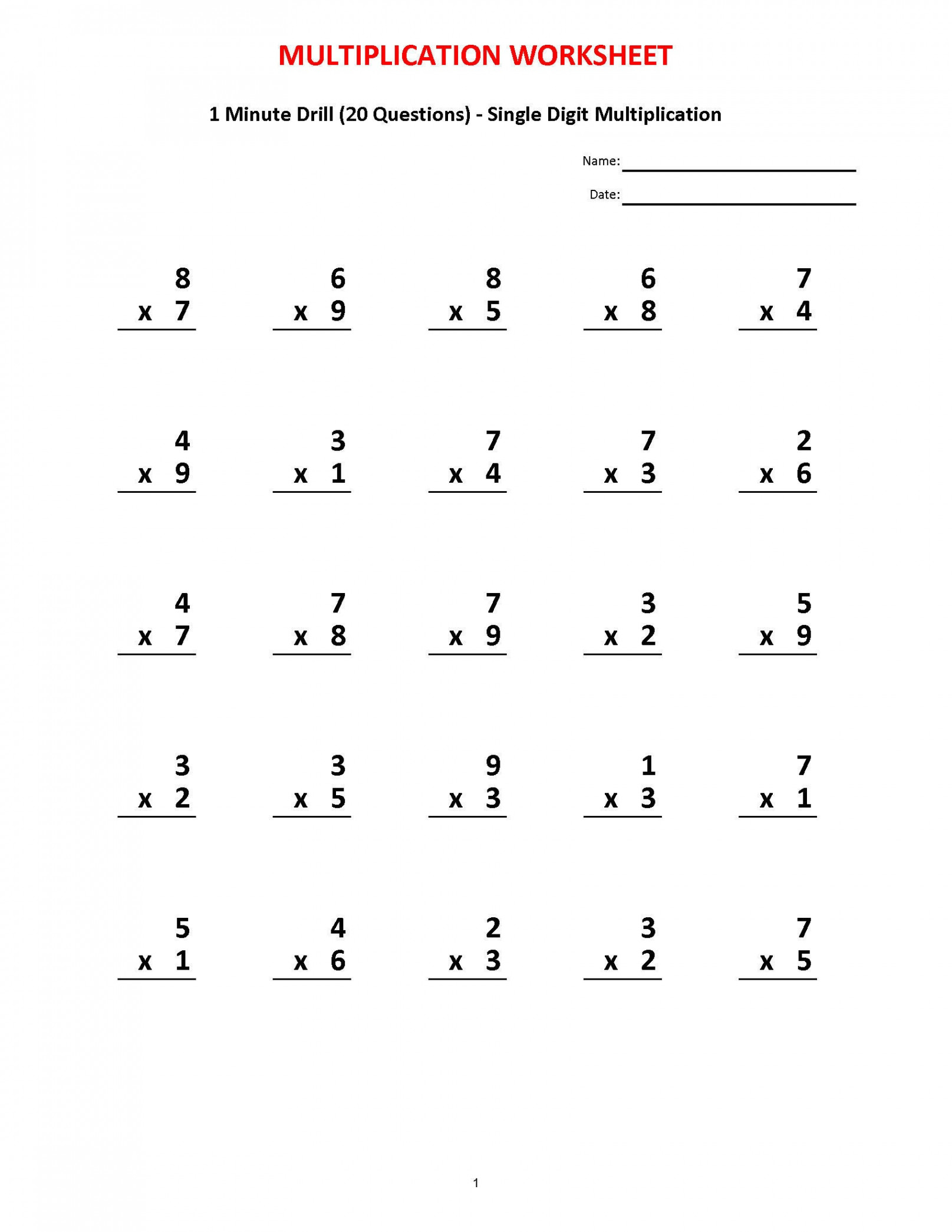 Multiplication  Minute Drill V 0 Math Worksheets With - Etsy