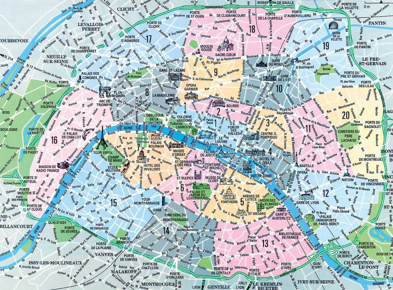 Paris map. Paris Arrondissement map with attractions.