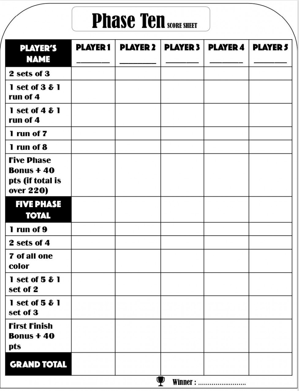 Phase Ten Score Card Phase Ten Scoresheet Phase Ten Score Pads