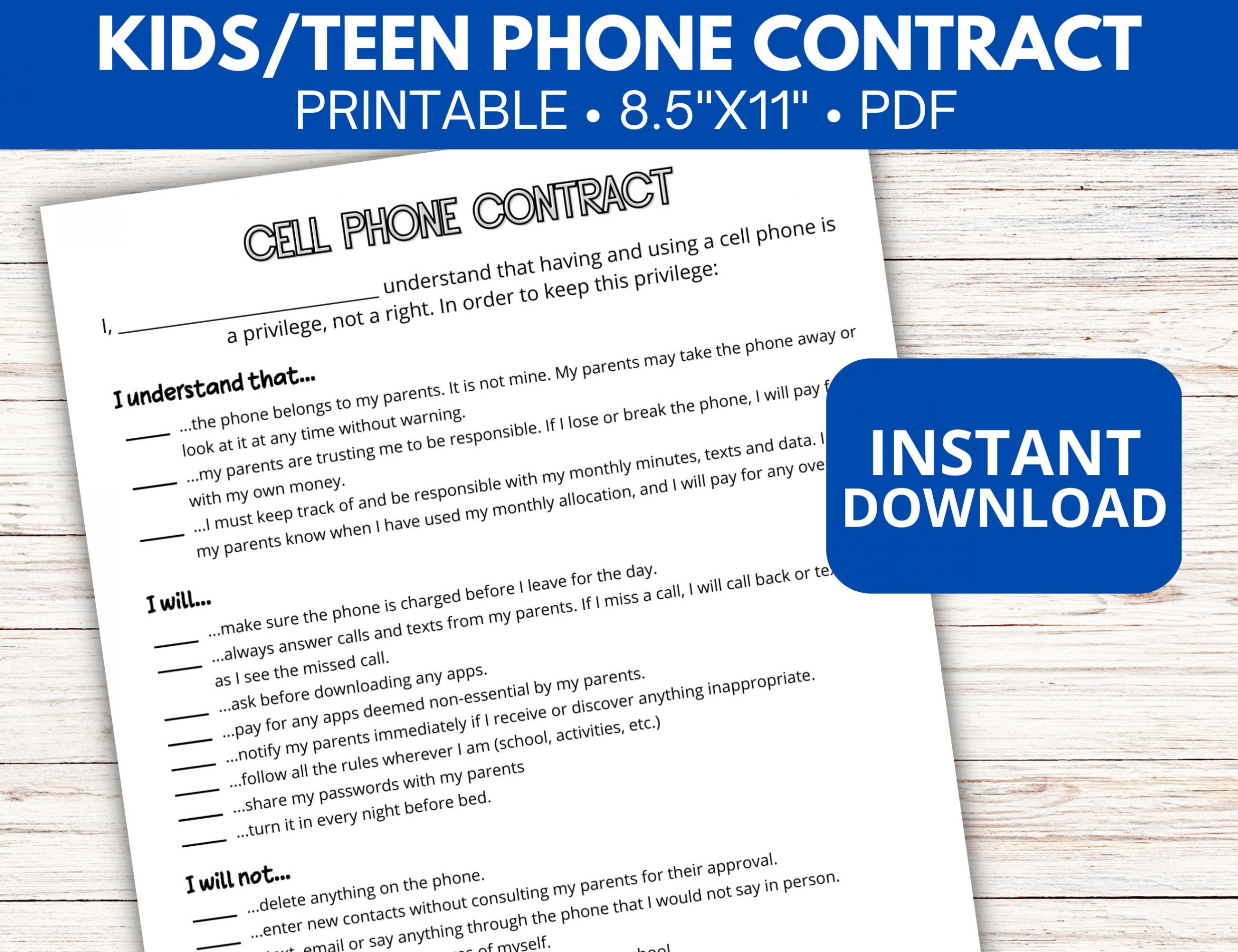 Phone Contract Printable Kids Teens Cell Phone Contract PDF - Etsy