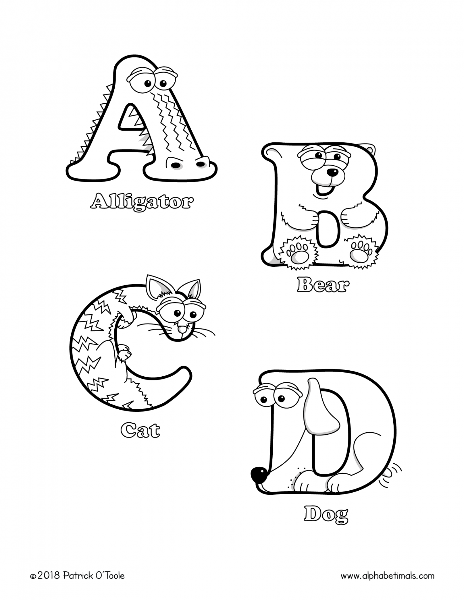 Printable Coloring Pages: Uppercase Letters & Animals