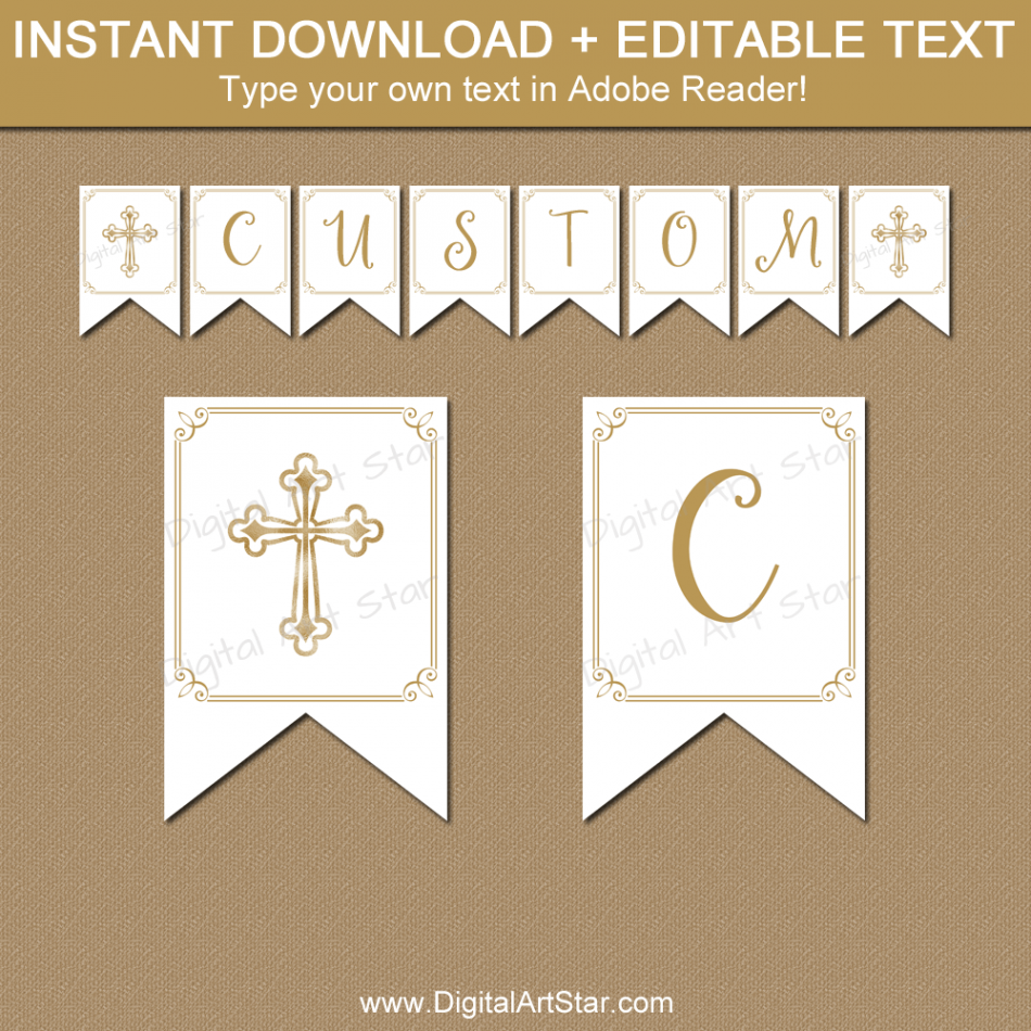 Printable First Communion Banner Template White and Gold - Digital