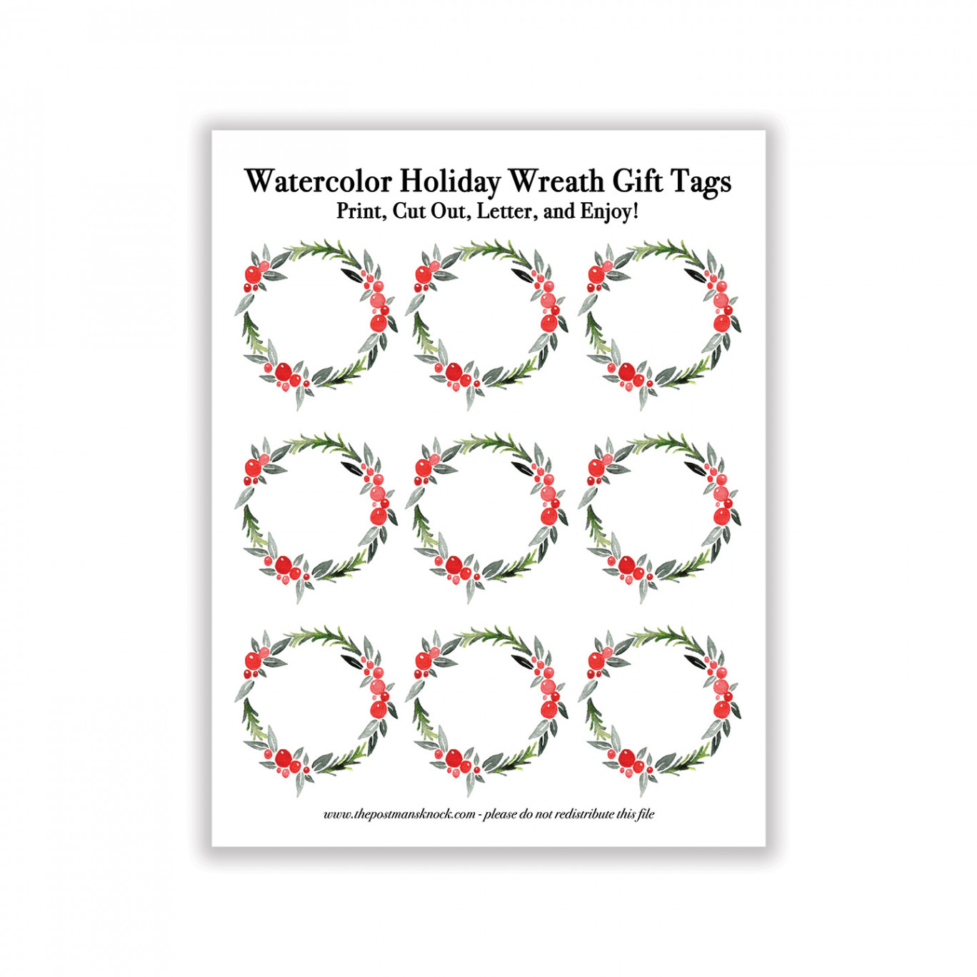 Printable Watercolor Holiday Wreath Gift Tags – The Postman