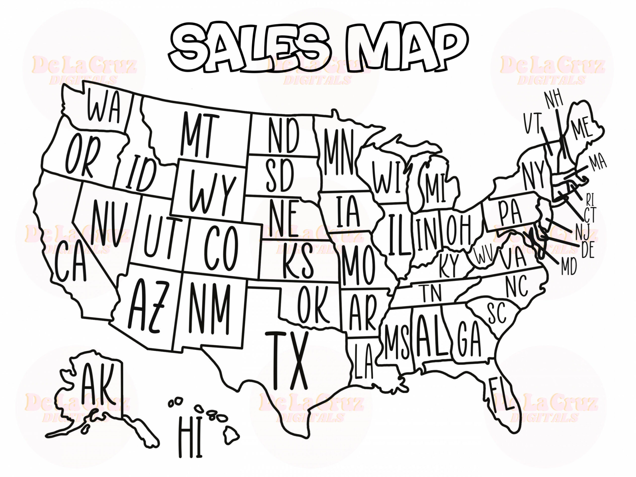 Sales Map Digital Download I Fill-In The States Printable I Sales Tracker I  Small Business Tracker l Procreate Sales Map l Procreate