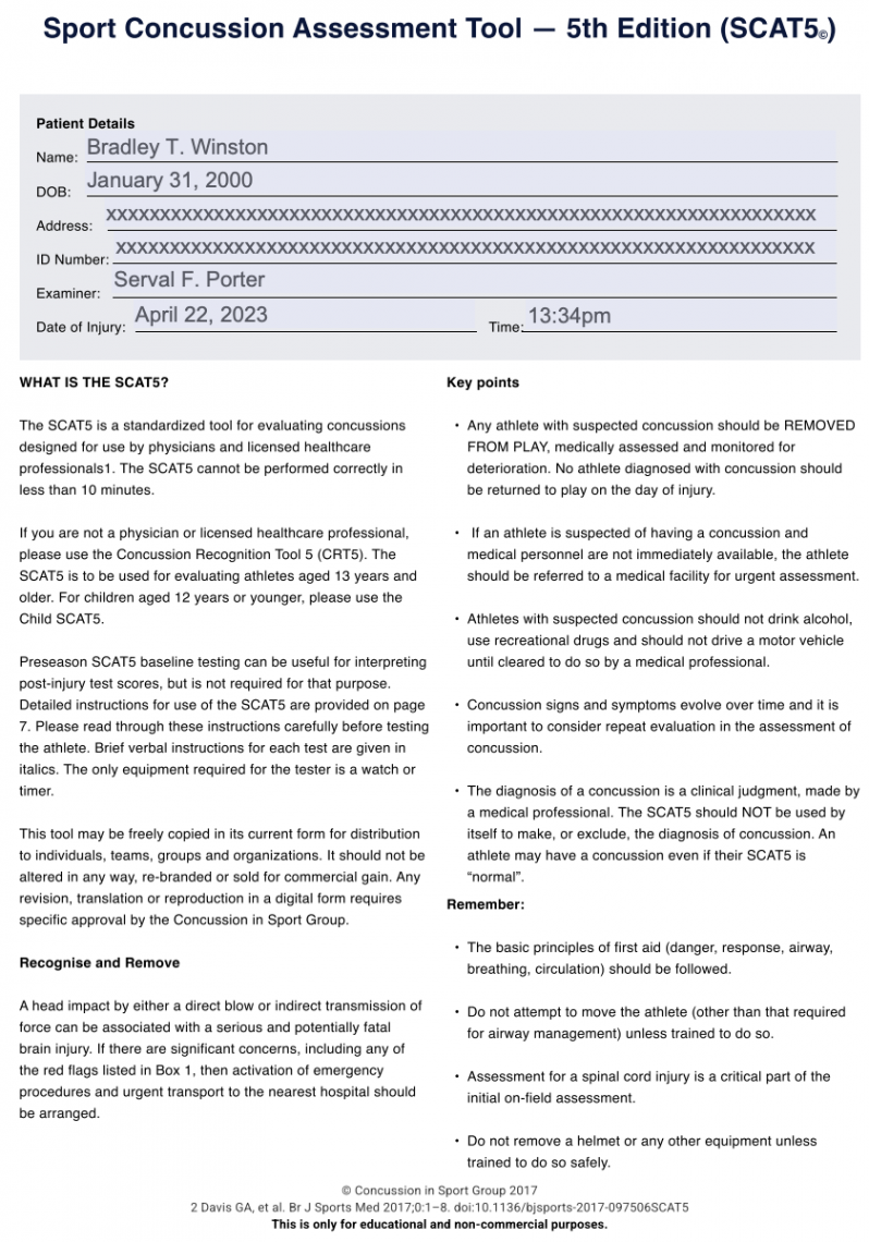 Sport Concussion Assessment Tool & Example