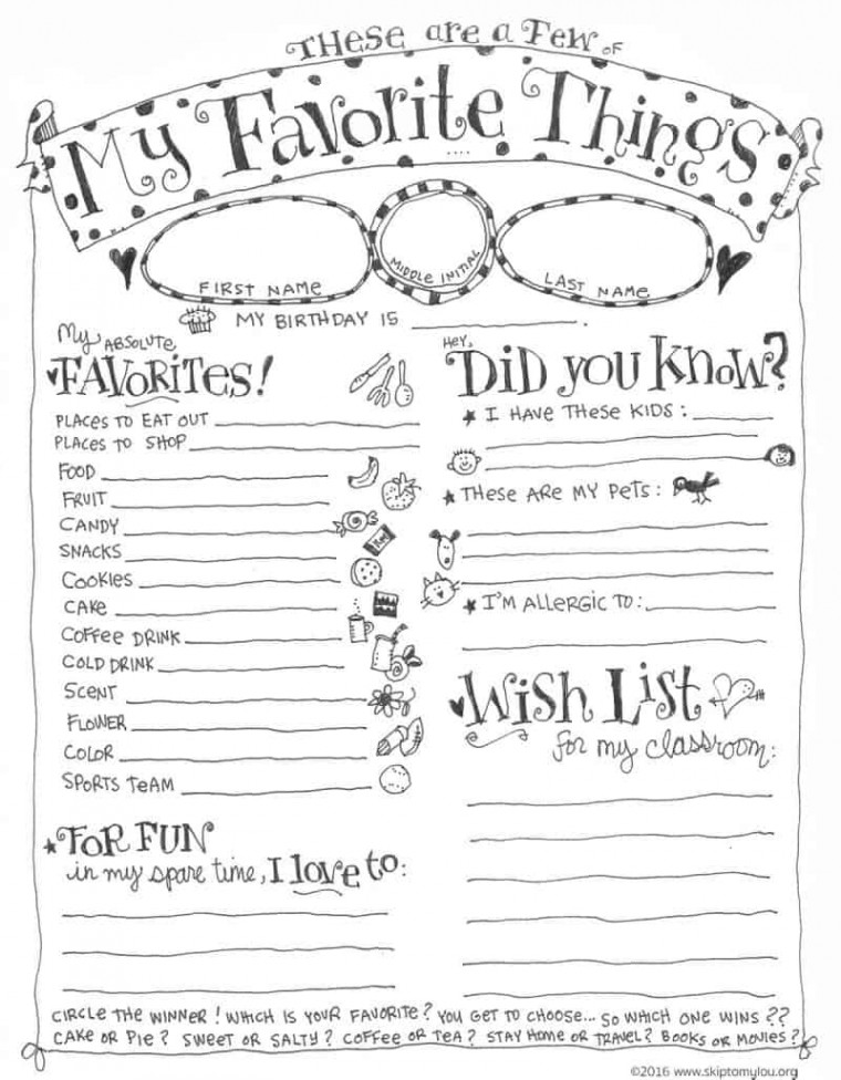 Teacher Favorite Things Questionnaire Printable  Skip To My Lou