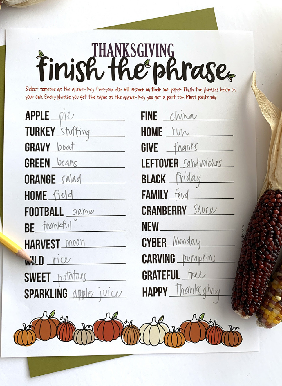 Thanksgiving Finish the Phrase Printable - The Crafting Chicks