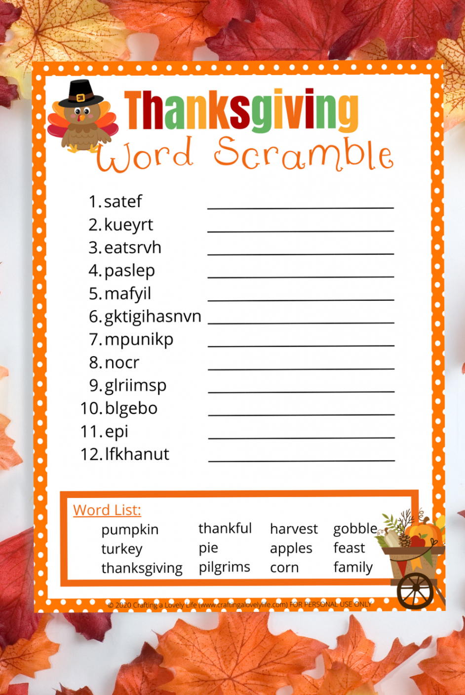 Thanksgiving Word Scramble Free Printable -