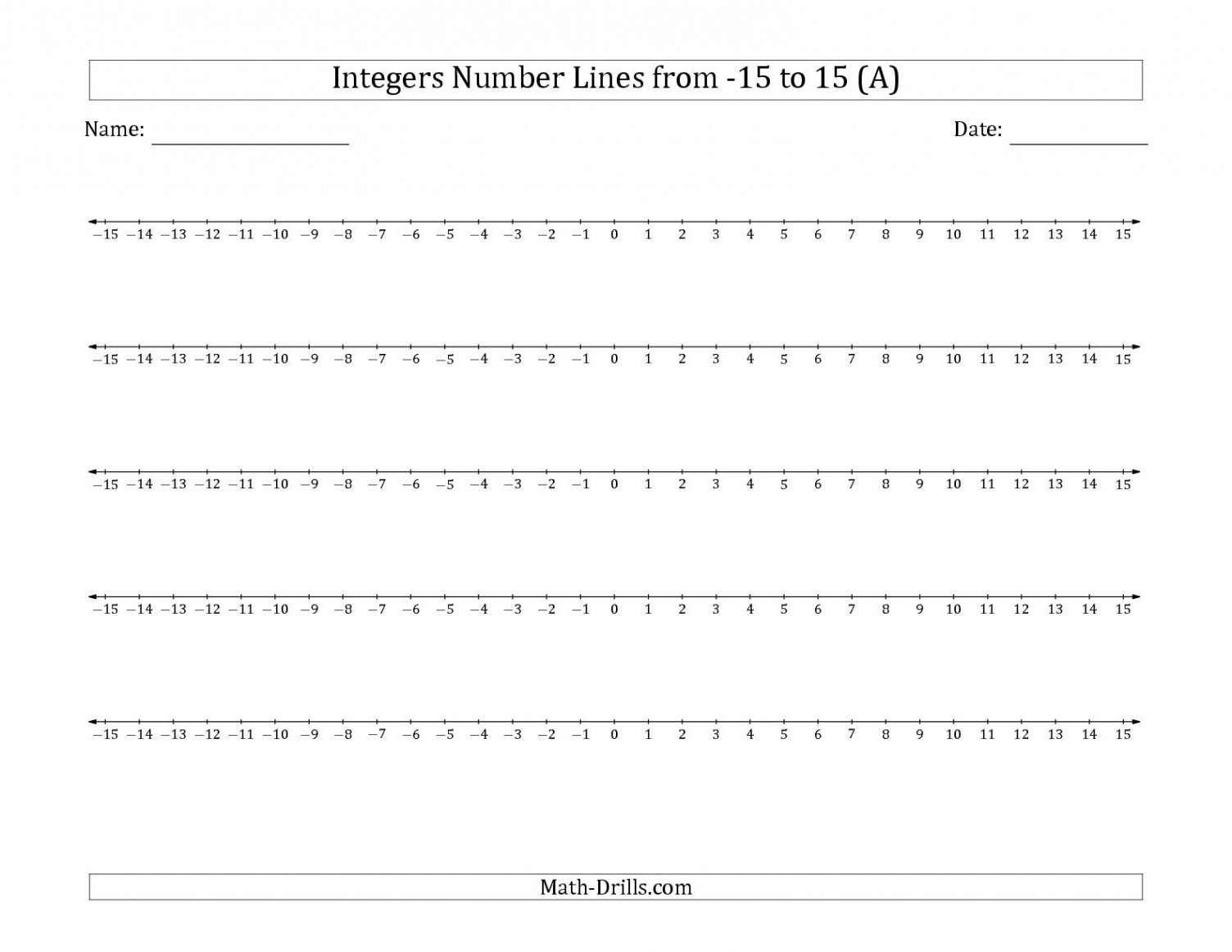 The Integers Number Lines from - to  Integers Worksheet