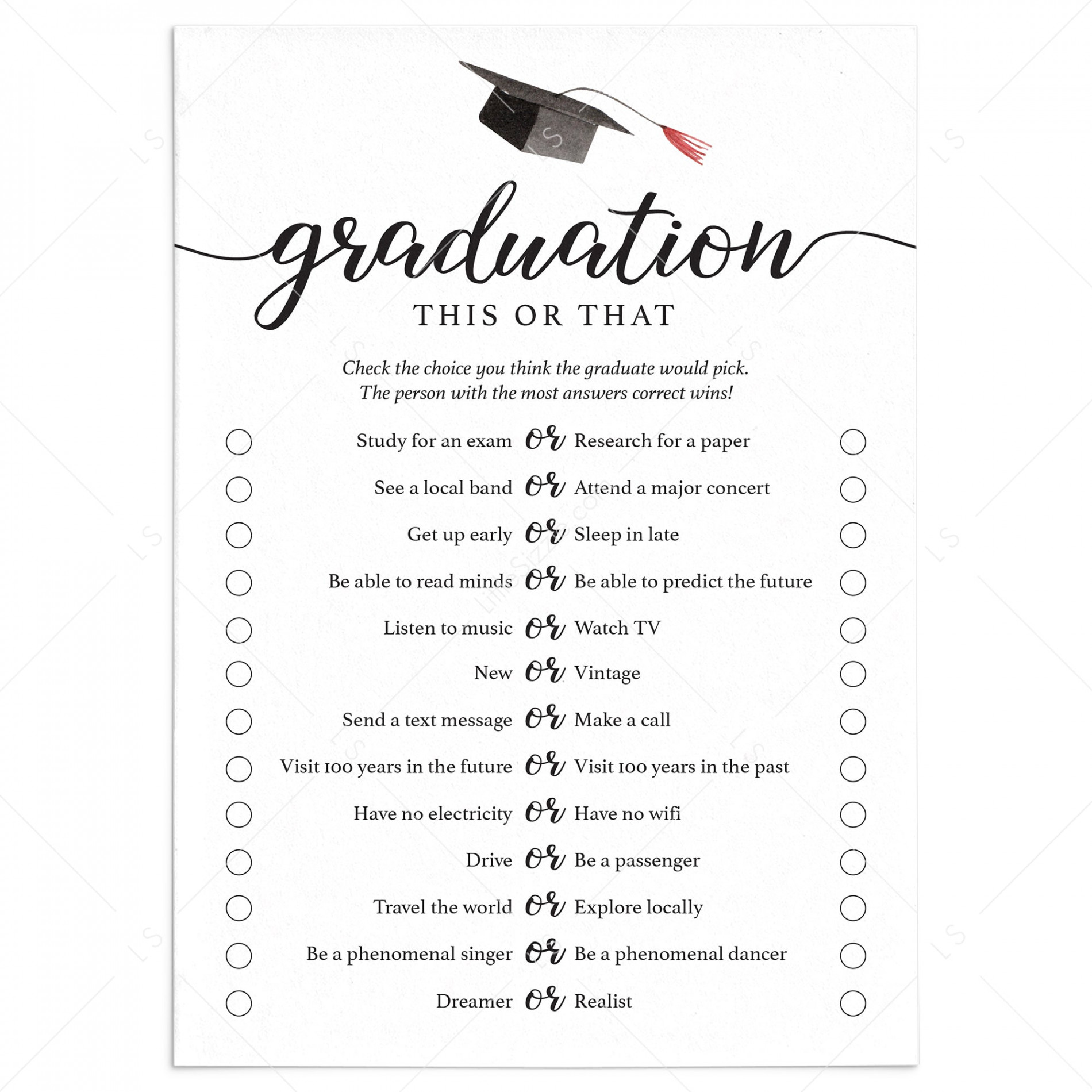 This or That Graduation Game Printable  Fun Grad Party Games