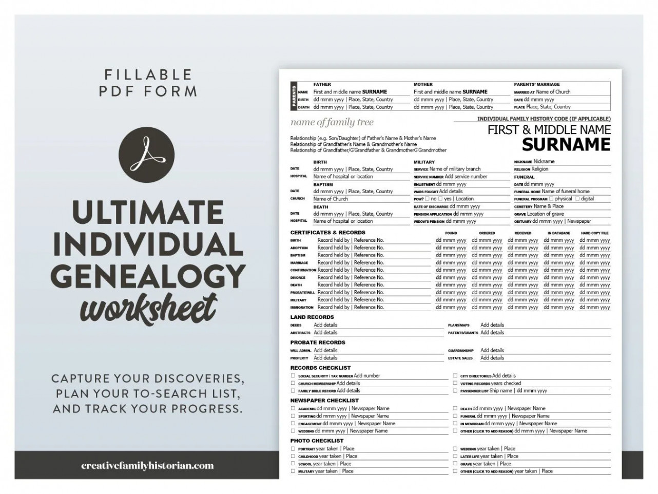 Ultimate Individual Genealogy Worksheet  PDF Pack