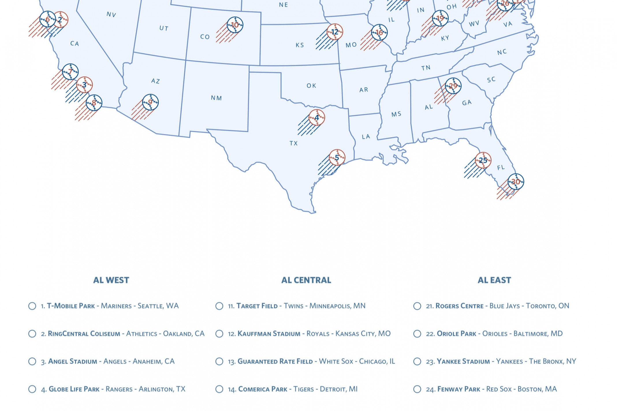 White Baseball Stadiums Checklist Map – Printable – Mappy Paths