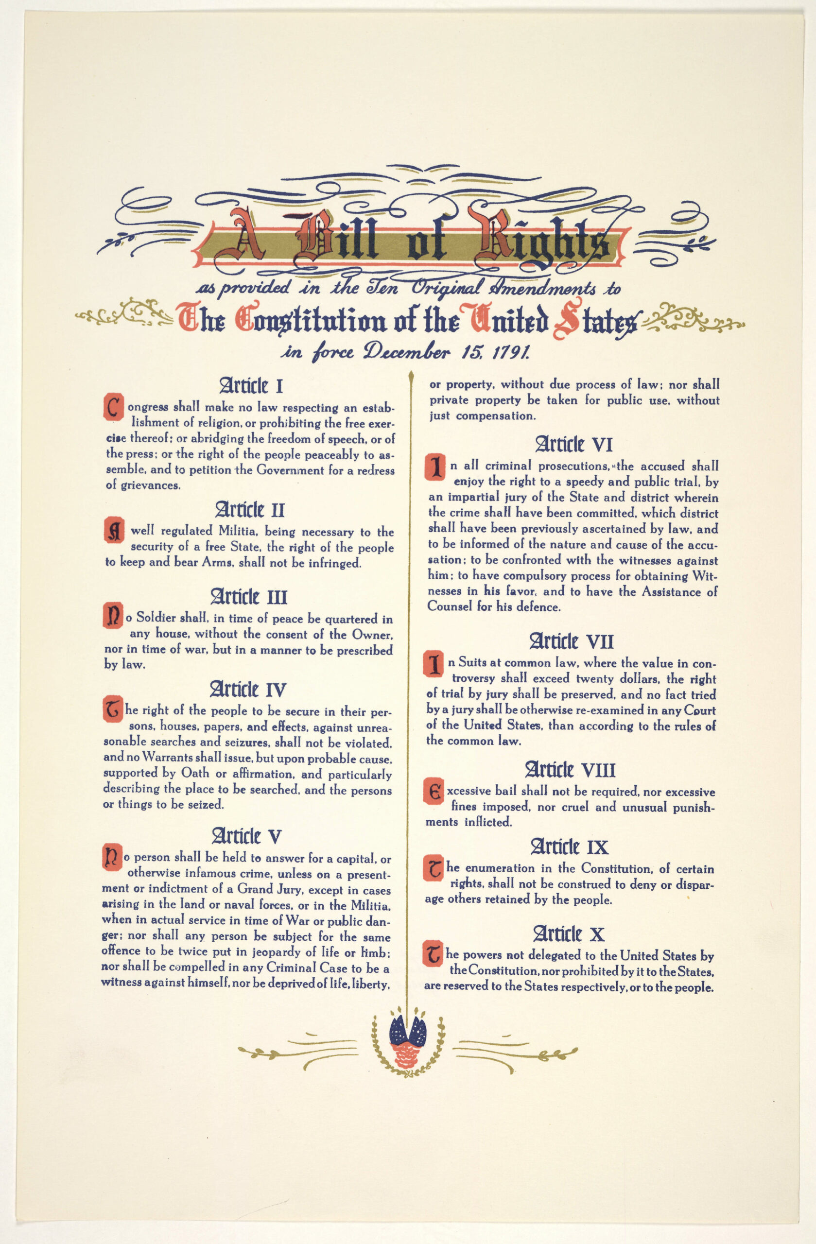 A bill of rights as provided in the ten original amendments to the