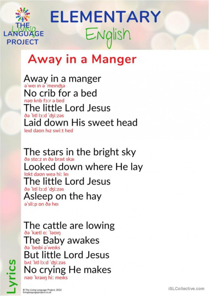 Away In a Manger - Lyrics general vo: English ESL worksheets pdf