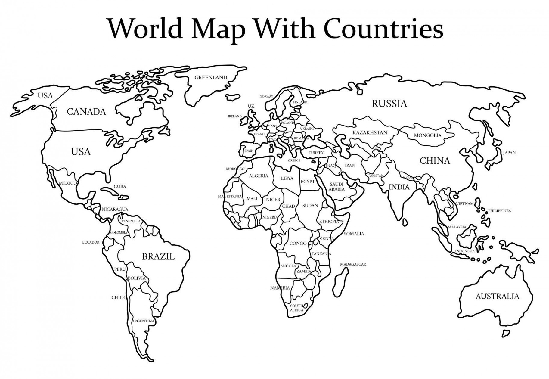 Black and White World Map with Countries  Free printable world