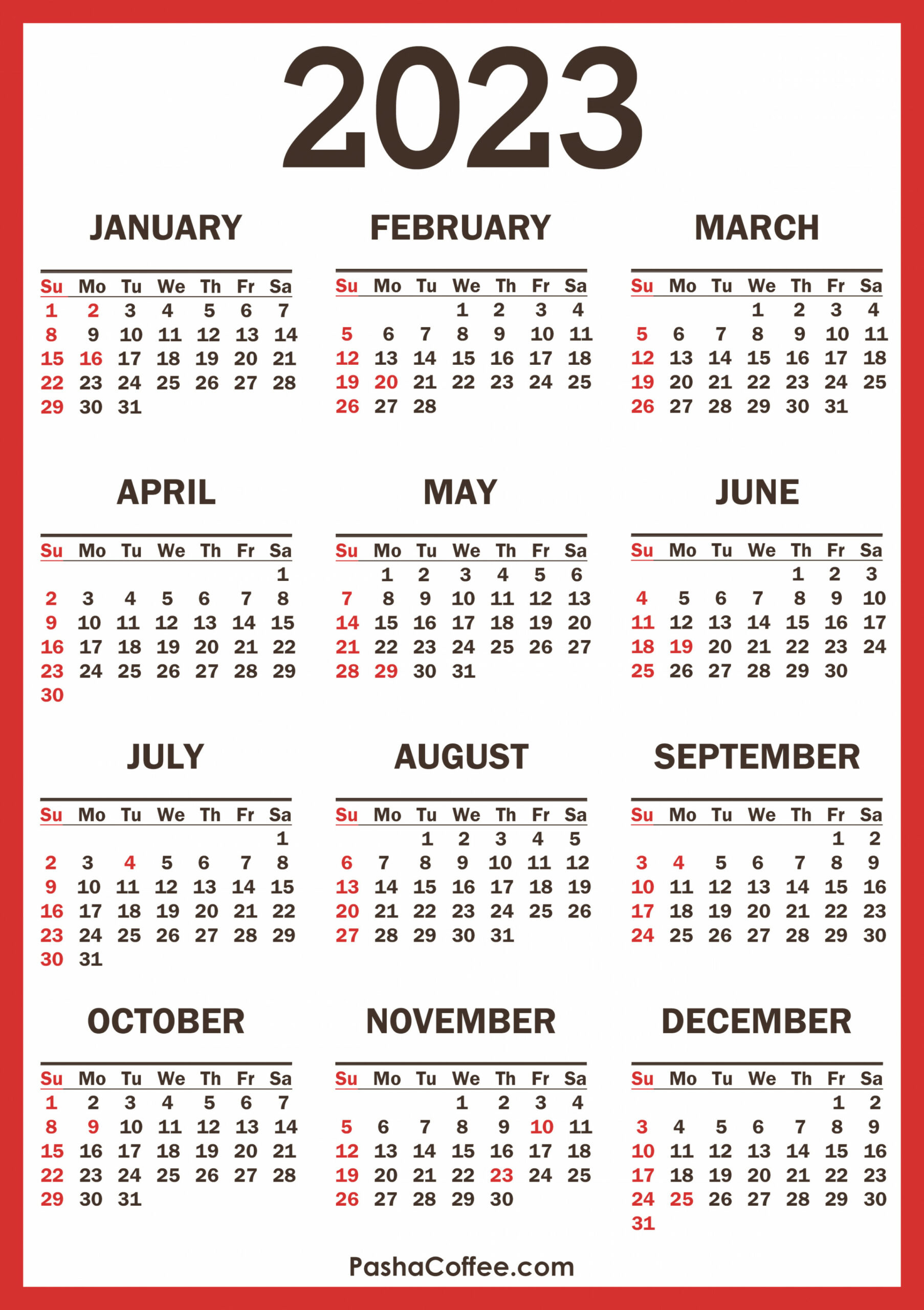 Calendar with Holidays, Printable Free, Vertical, Red