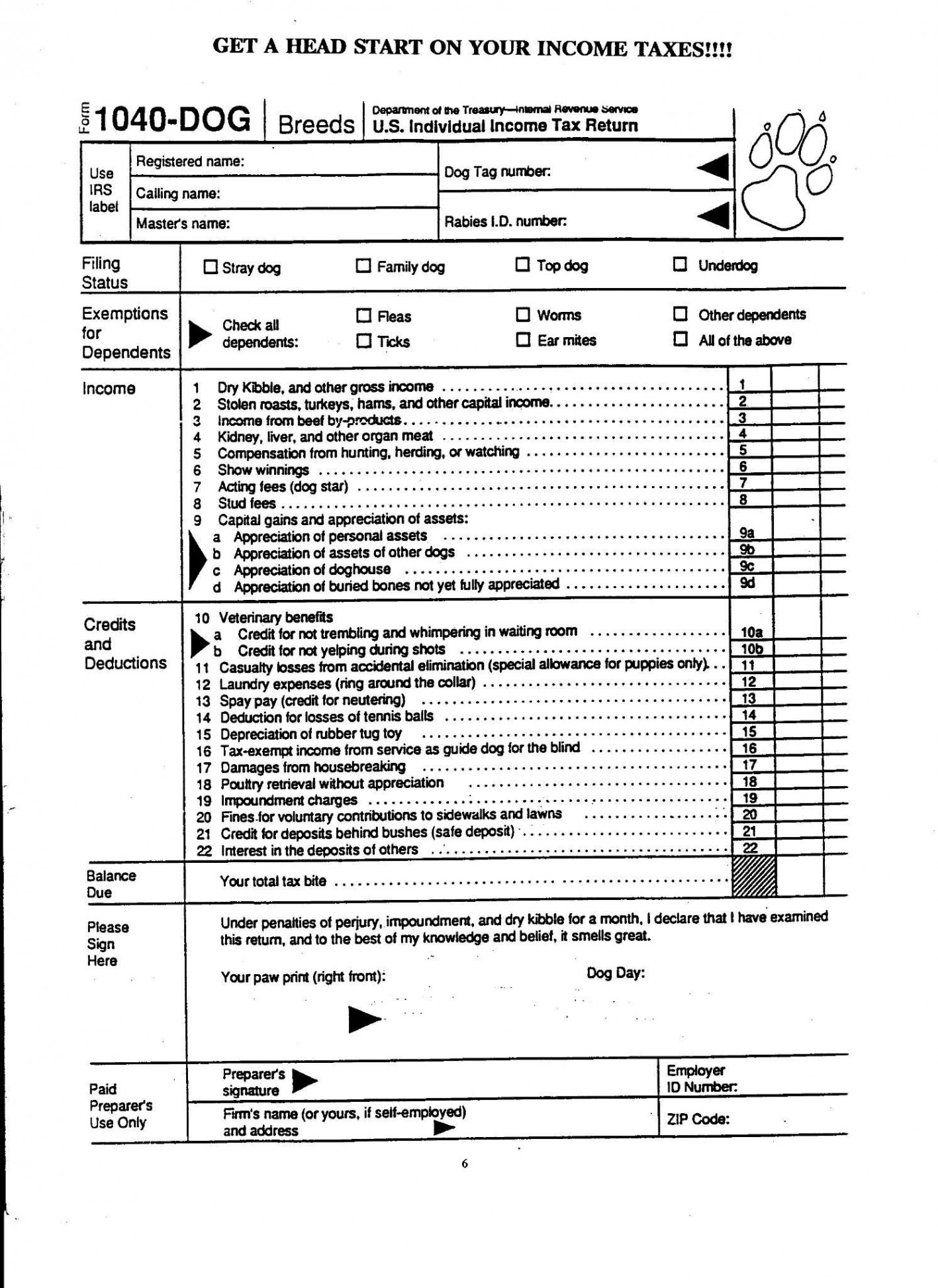 Canine Self Assessment Form, courtesy of our friends in the USA