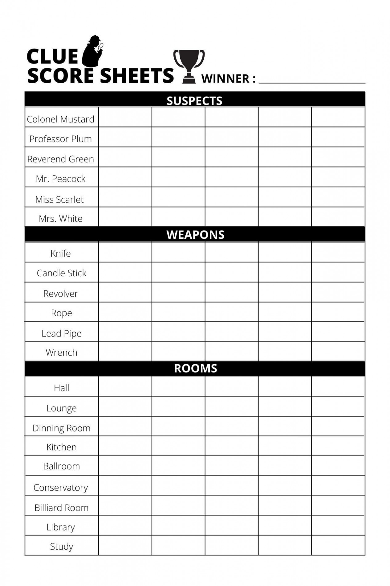 Clue Score Sheet - PDF Datei herunterladen/drucken