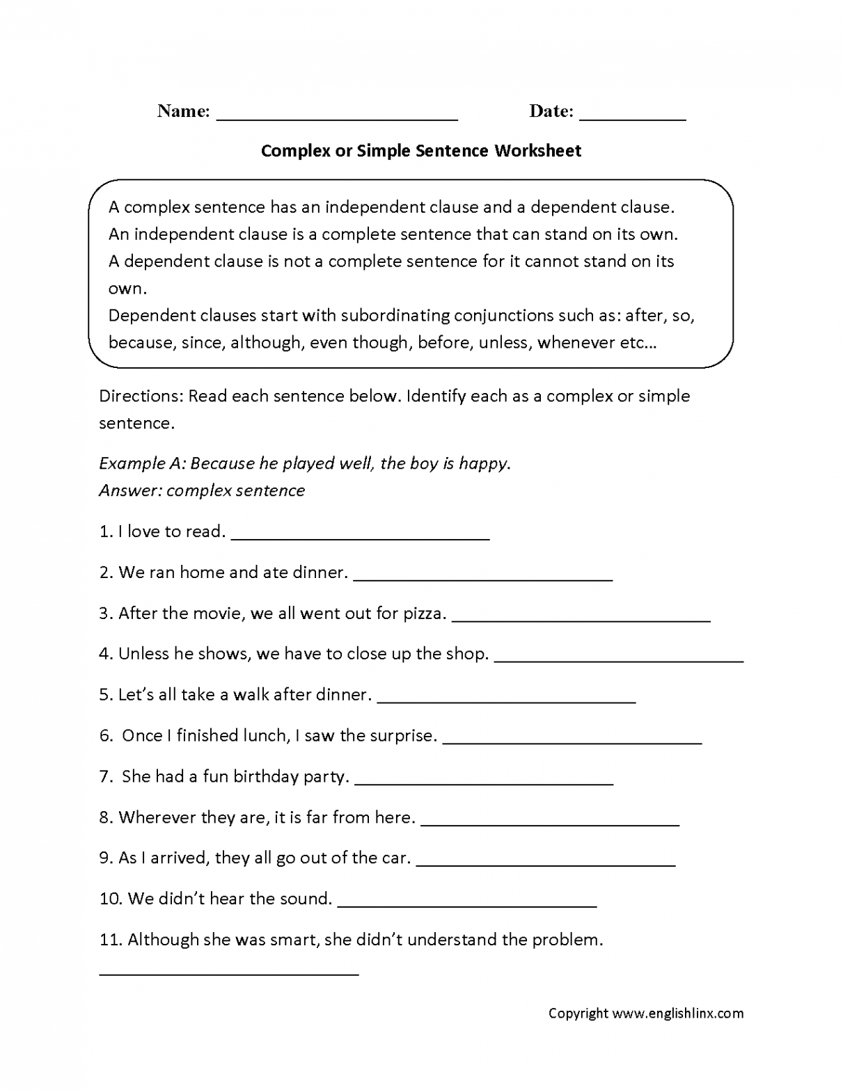 Complex Sentences Worksheets  Complex or Simple Sentences Worksheet