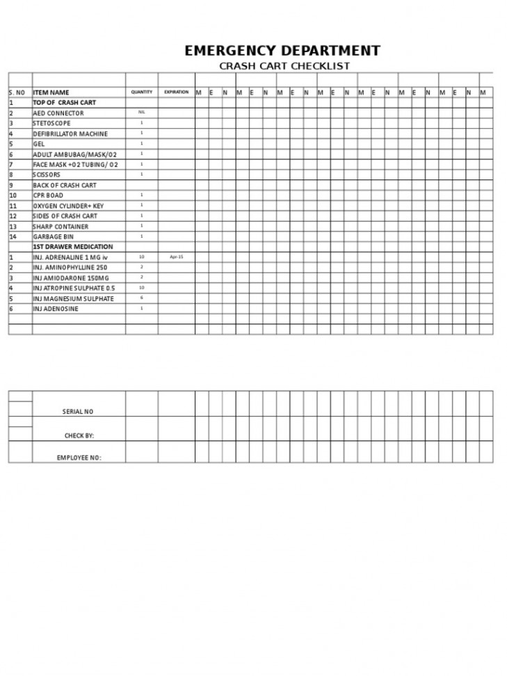 Printable Crash Cart Checklist Template - Sofia ward