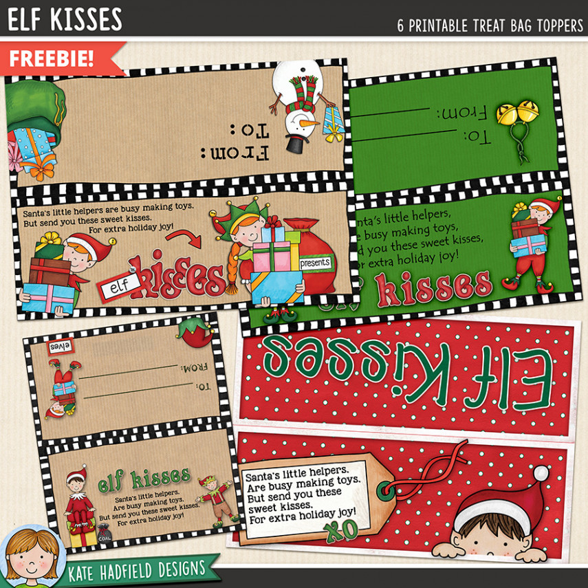 Cute Elf Kisses treat bag topper printable