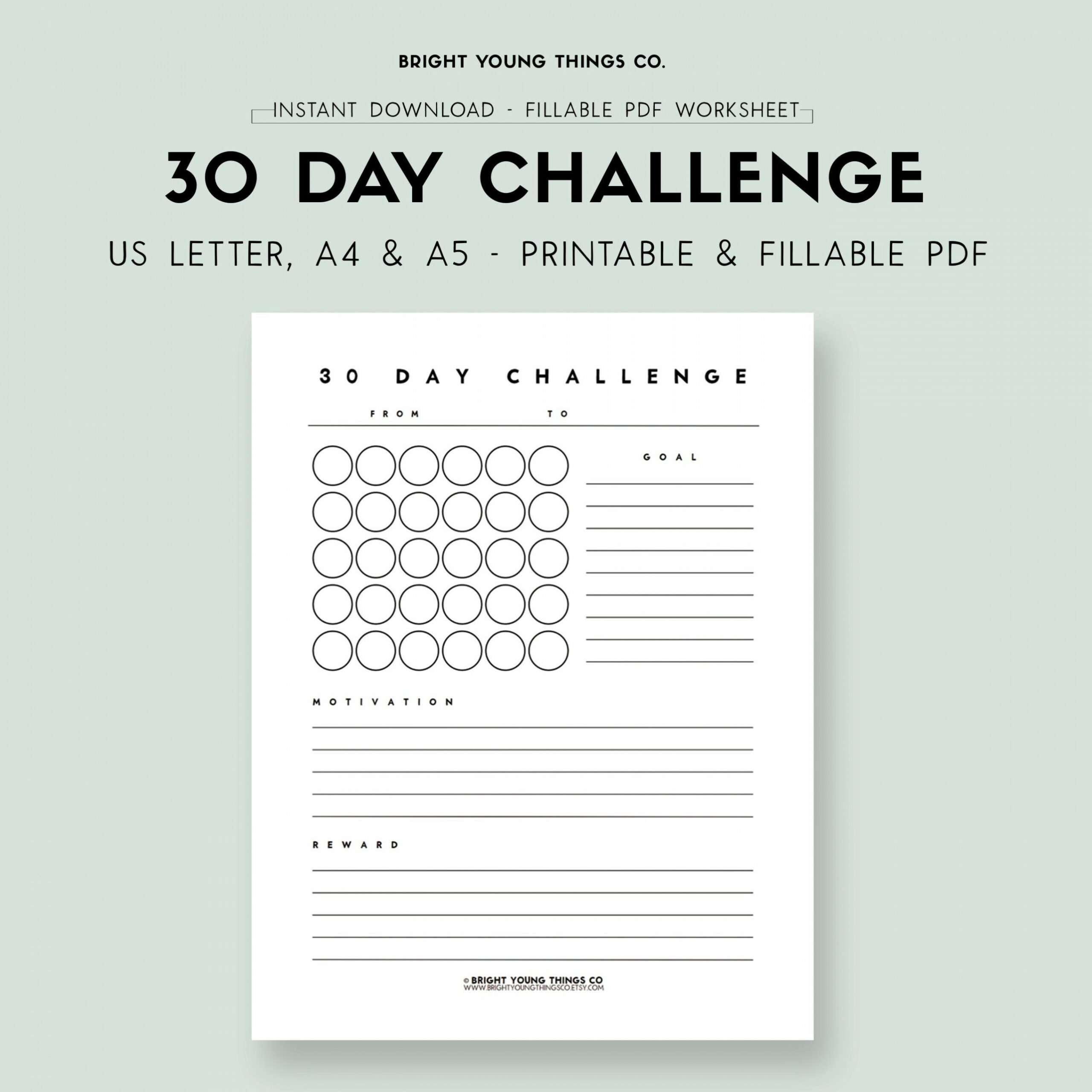 Day Challenge Printable PDF,  Day Challenge Fillable PDF