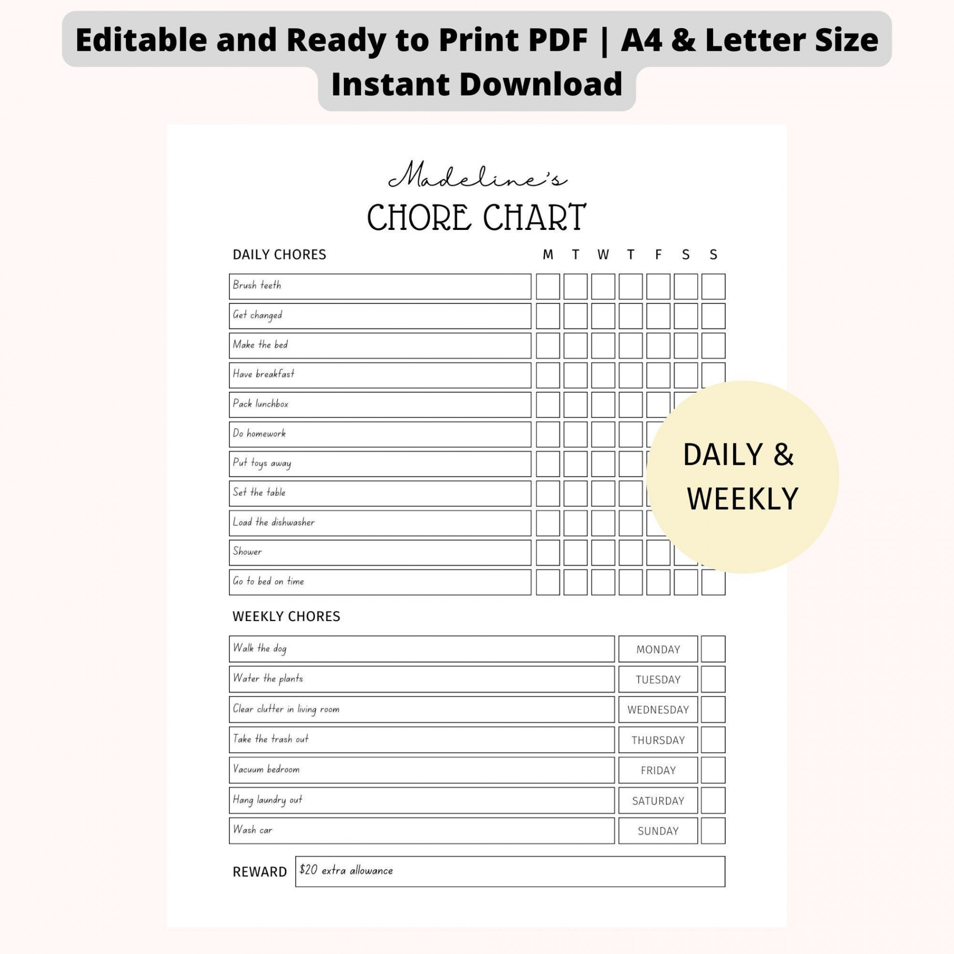 EDITABLE Daily & Weekly Chore Chart for Teens Kids Chore Chart