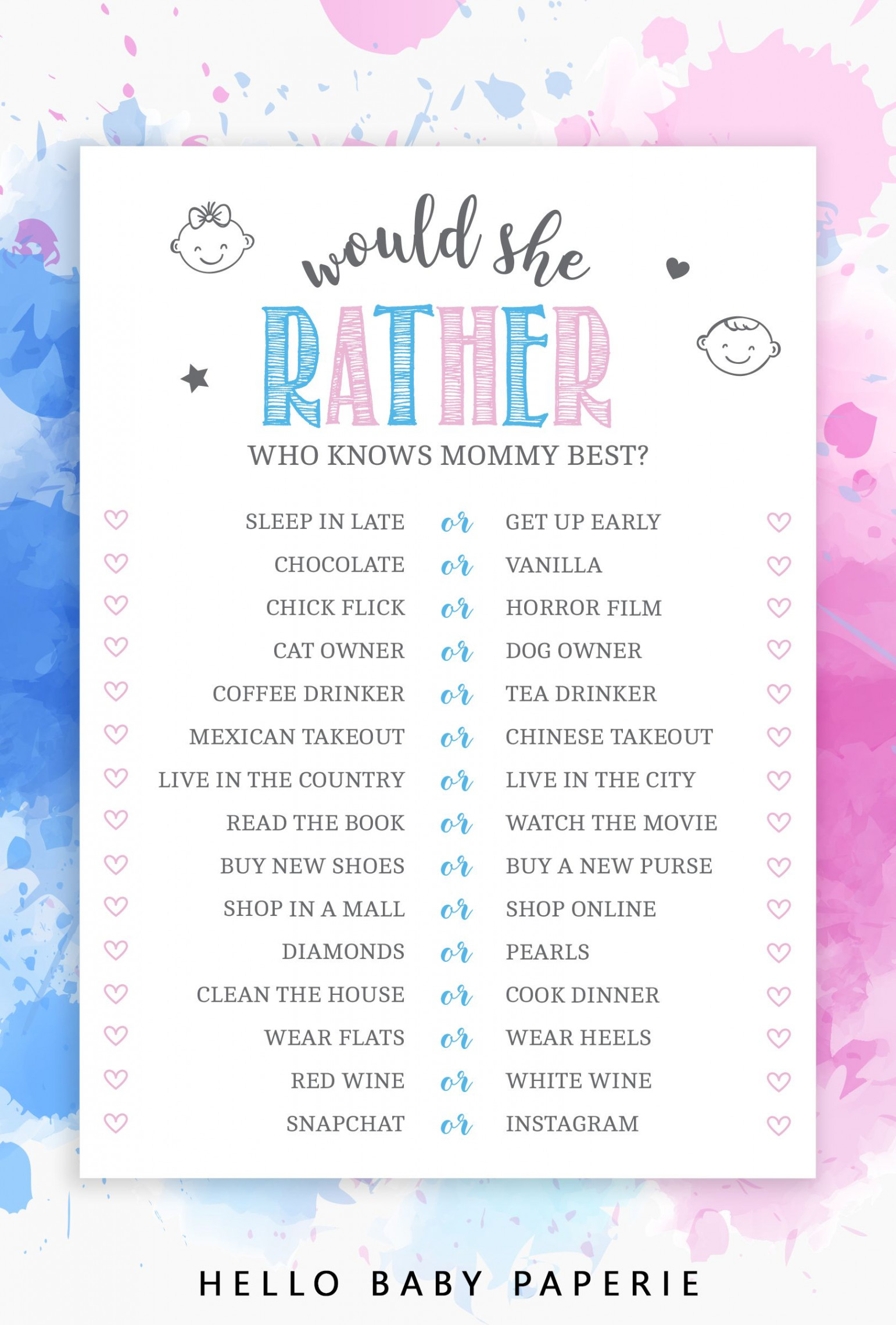 Editable Gender Reveal Would She Rather Game  Gender reveal party